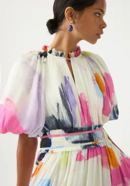 Aje Elysium Blouson Midi Dress Abstract Sunset Print Size 8 for rent on The Volte - image 2