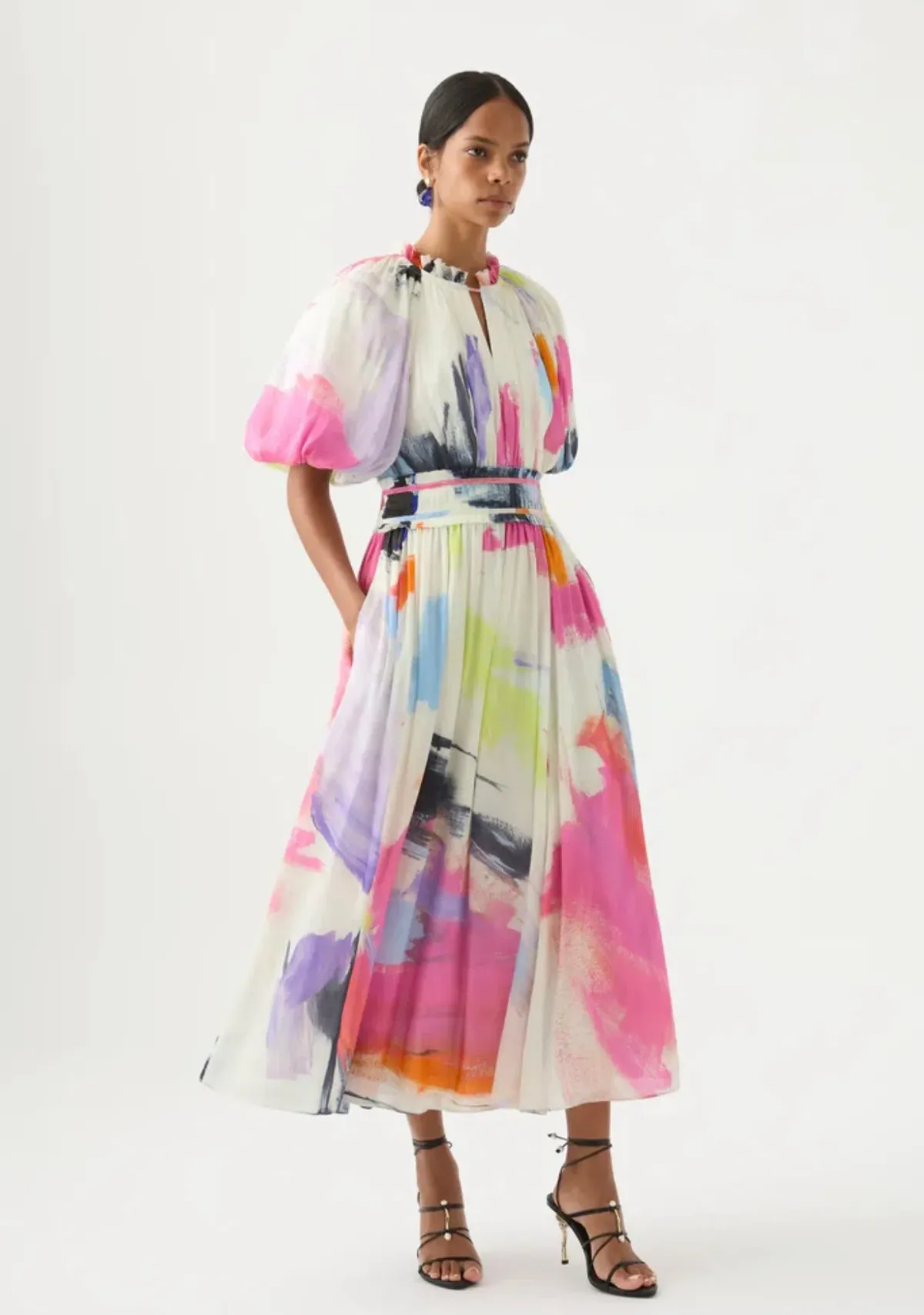 Aje Elysium Blouson Midi Dress Abstract Sunset Print Size 8 for rent on The Volte - main image