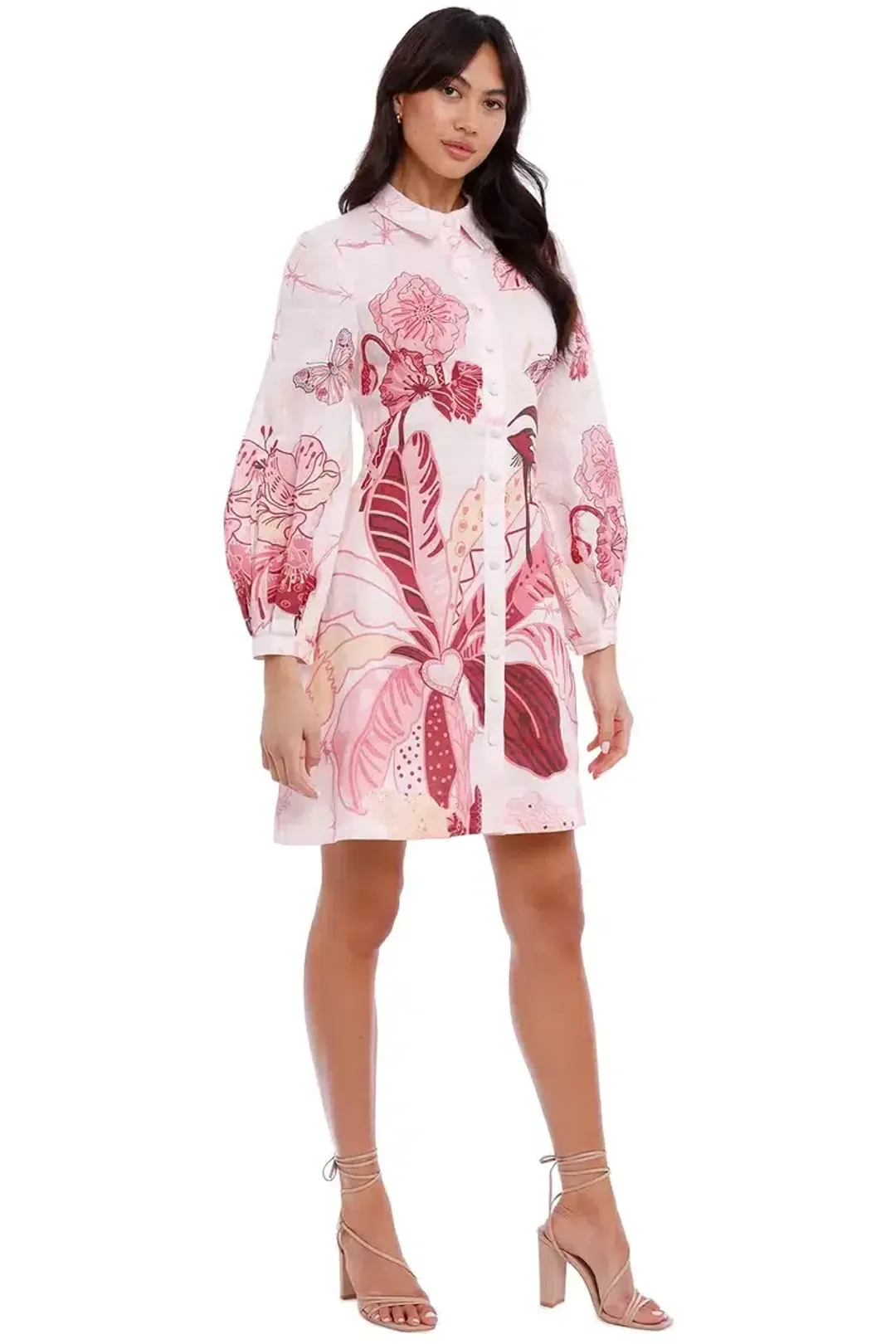 Leo Lin Amor Linen Mini Dress Pink Print Size 8 for rent on The Volte - main image