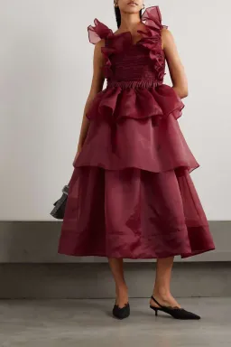 Aje Asra Pleated Frill Midi Dress Mahogany Red Size AU 8 for rent on The Volte - image 1