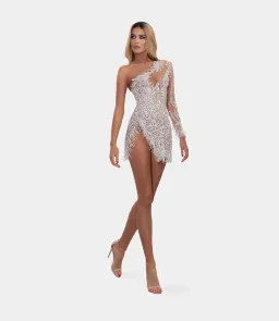 Albina Dyla Short Silver One Sleeved Dress Sequin Size 8 for rent on The Volte - image 3