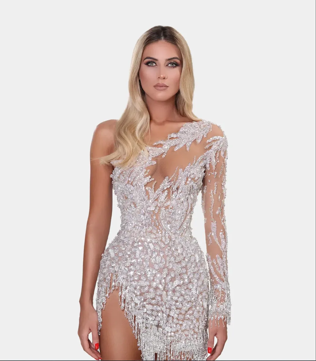 Albina Dyla Short Silver One Sleeved Dress Sequin Size 8 for rent on The Volte - main image