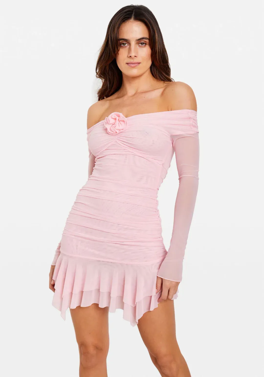 Chosen By Tuchuzy Off Shoulder Mesh Rose Mini in Bubblegum Size S / 8 AU for rent on The Volte - main image