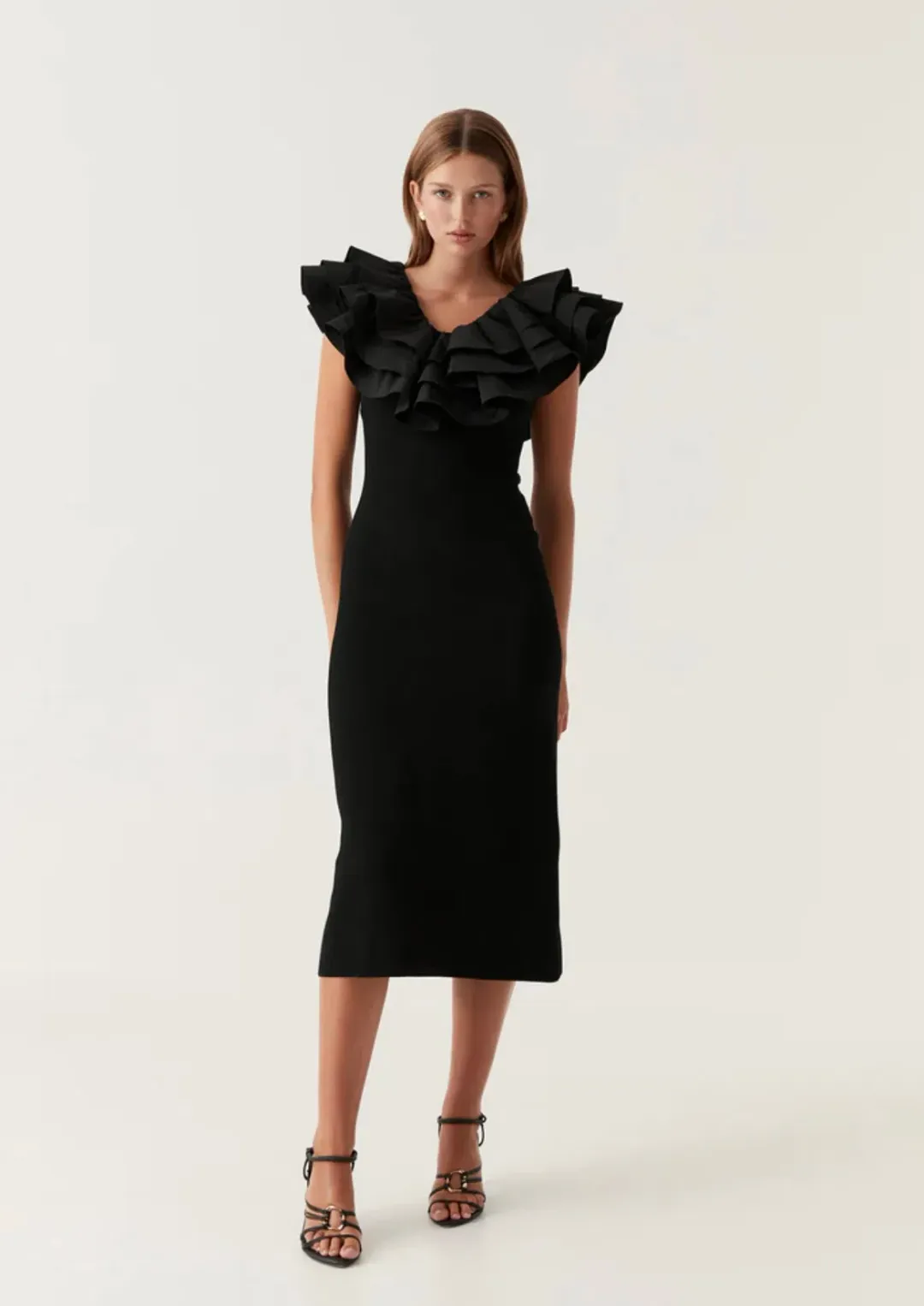 AJE Transcendent Ruffle Midi Dress Black Size XS/Au 6  for rent on The Volte - main image