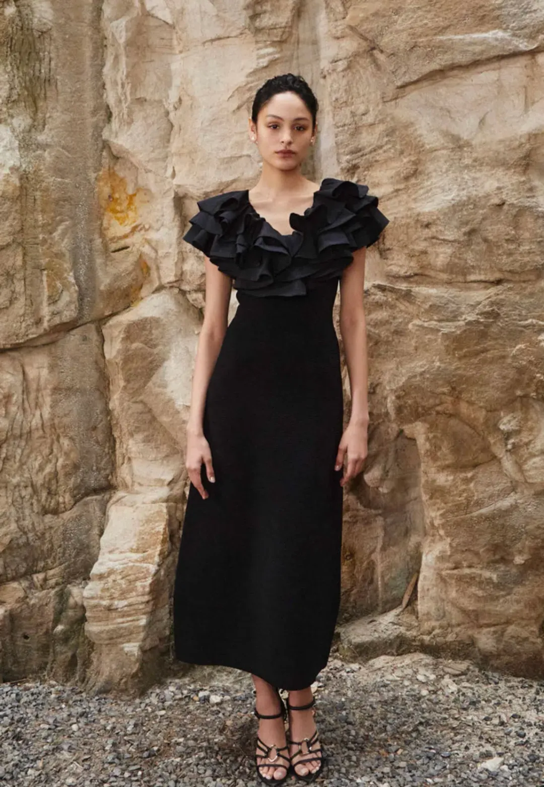 AJE Transcendent Ruffle Midi Dress Black Size XS/Au 6  for rent on The Volte - main image