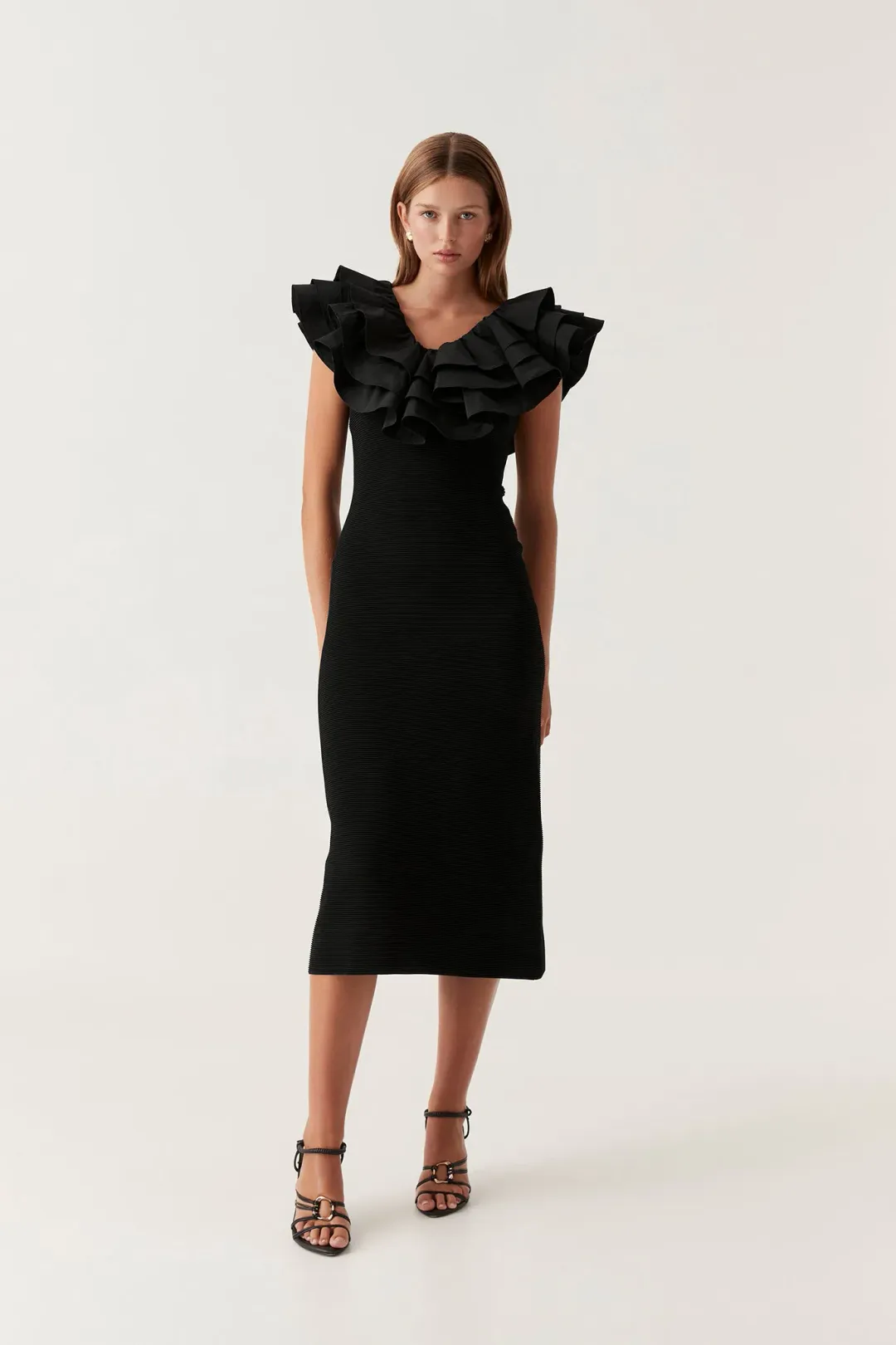 Aje Transcendent Ruffle Midi Dress Black Size L/Au 12 for rent on The Volte - main image