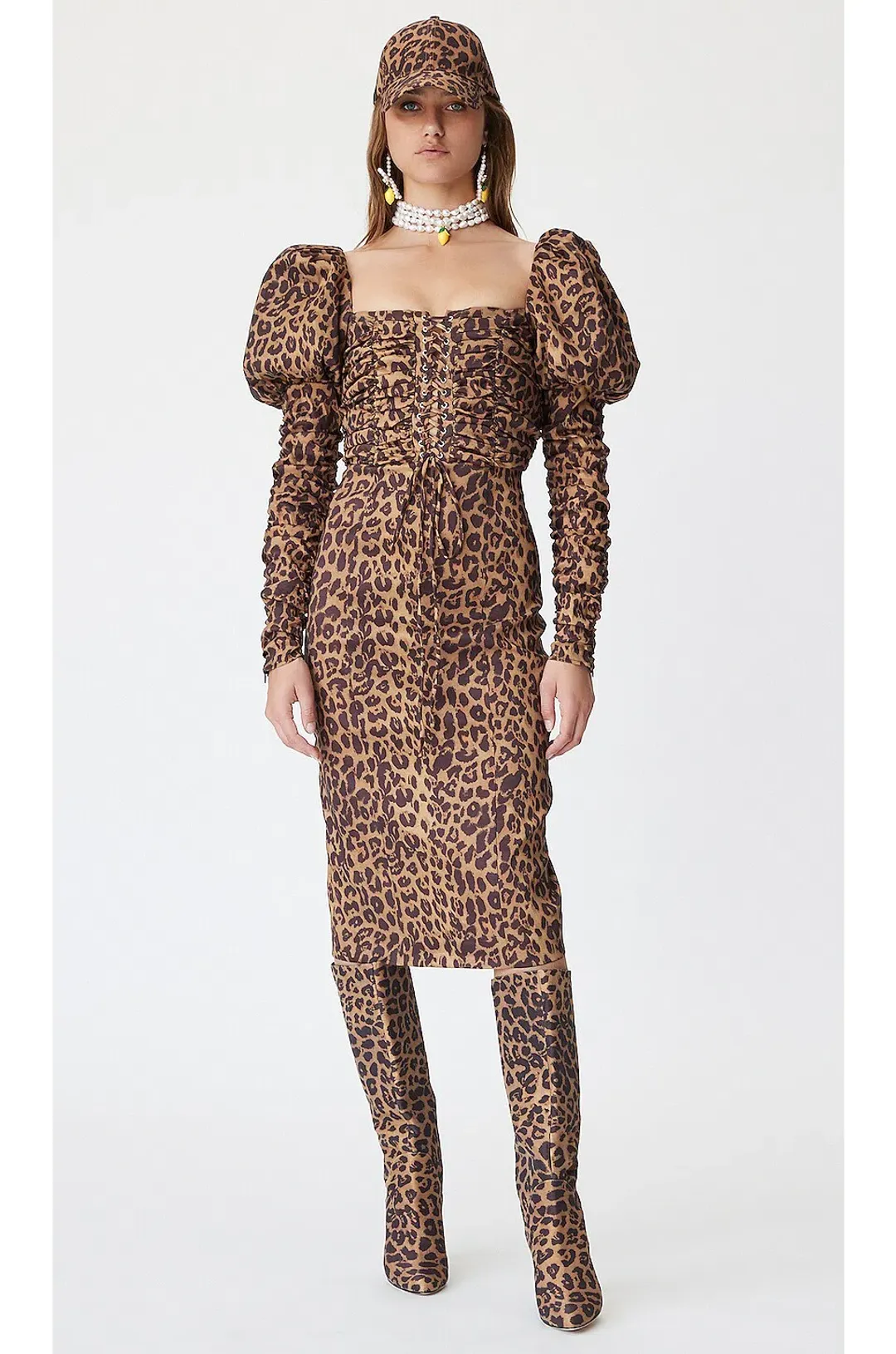 LPA Abana Dress Ruched Midi Brown Animal Print Size XS / AU 4 for rent on The Volte - main image