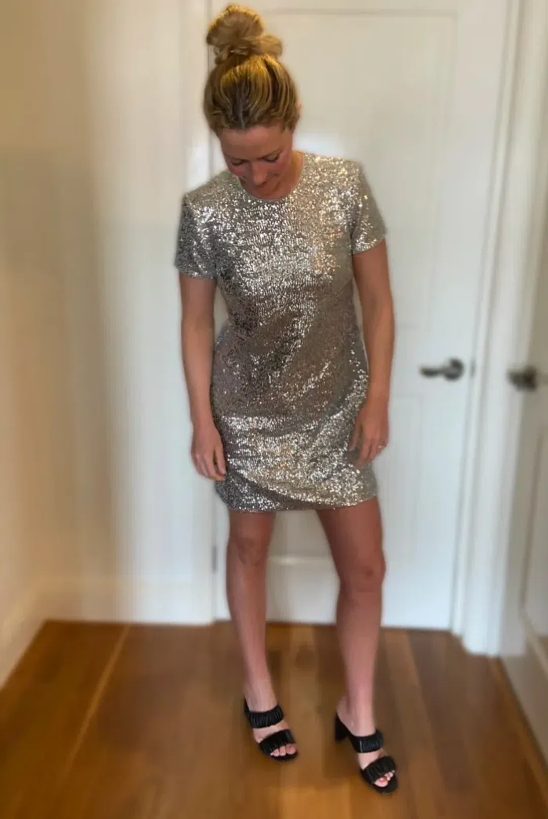 Cue Sequin Shift Mini Dress Silver Size 10 for rent on The Volte - main image