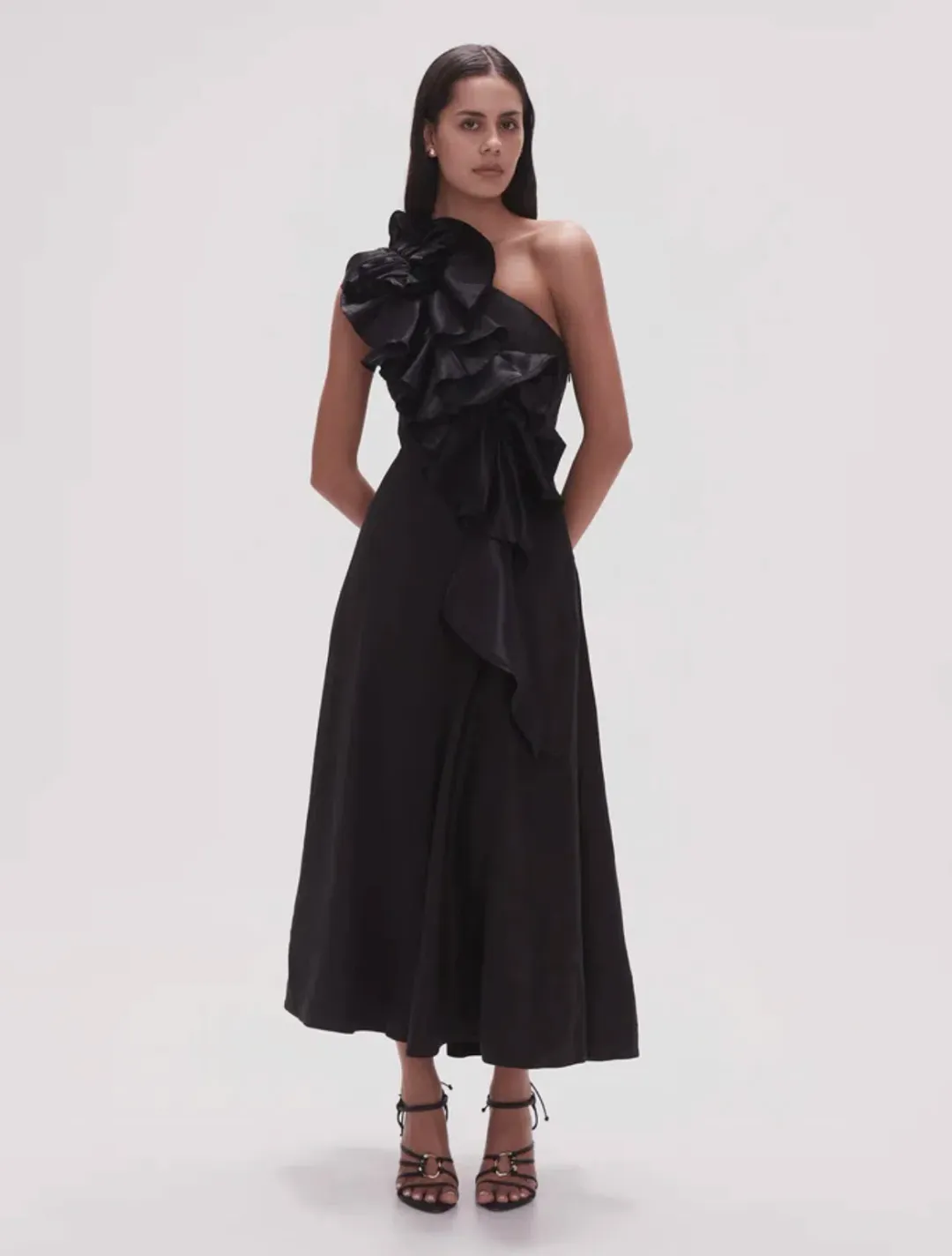 AJE Adelia Ruffle Midi Dress Black Size 14  for rent on The Volte - main image