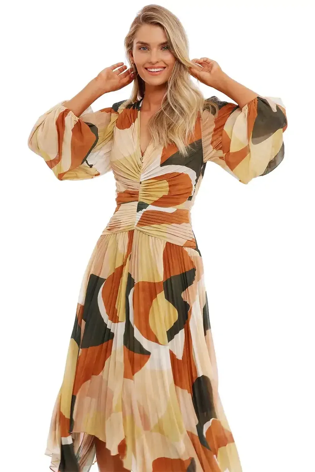 Ministry of Style Retro Resort Pleated Midi Dress Multi Print Size 12 for rent on The Volte - main image