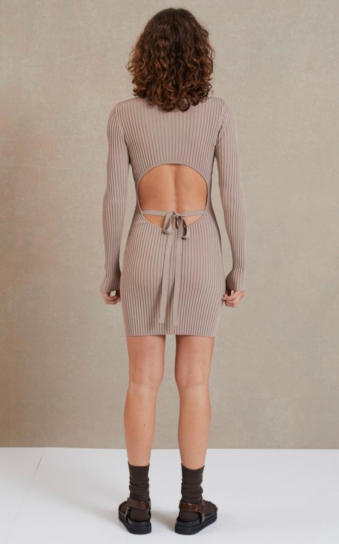 Bec & Bridge Lyla Knit Long Sleeve Mini Dress Fawn Size 8 for rent on The Volte - main image