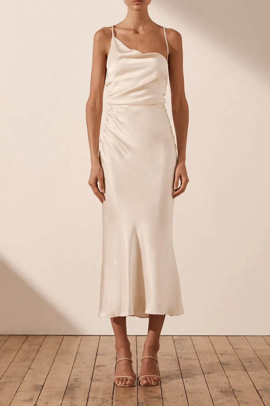 Shona Joy La Lune Asymmetrical Bias Cowl Midi Dress in Cream Size 10 for rent on The Volte - main image
