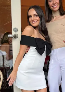 Self Portrait Off Shoulder Bow Mini Dress White/Black Size 10-12 for rent on The Volte - image 1