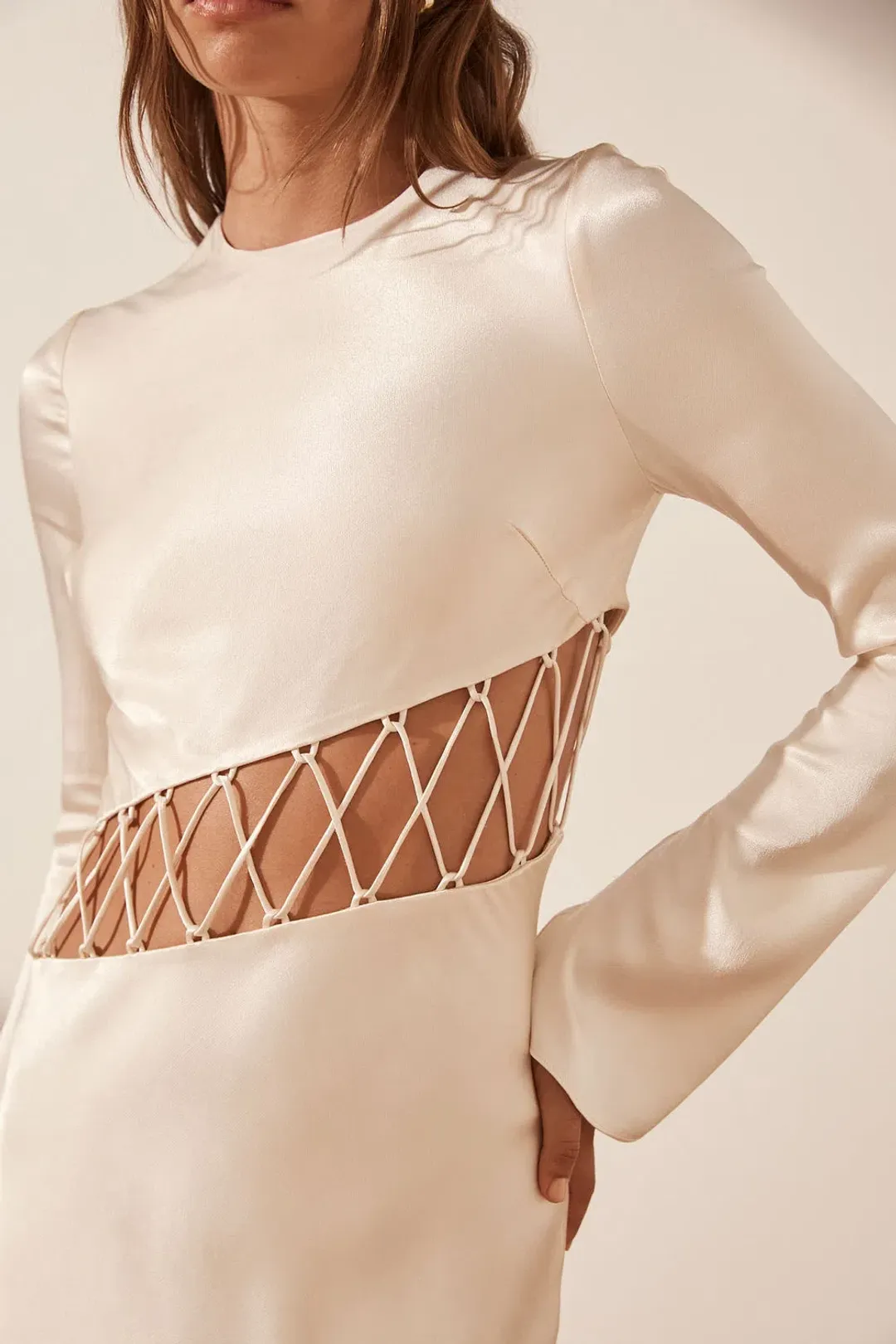 Shona Joy Arienzo Asymmetrical Lace Up Maxi Dress Cream Size 10 for rent on The Volte - main image