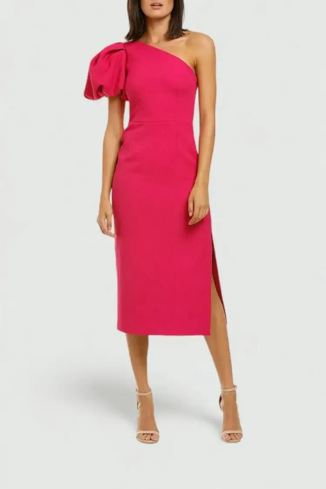 Rebecca Vallance Natalia One Sleeve Midi Dress Magenta Fuschia Pink Size 14 for rent on The Volte - main image