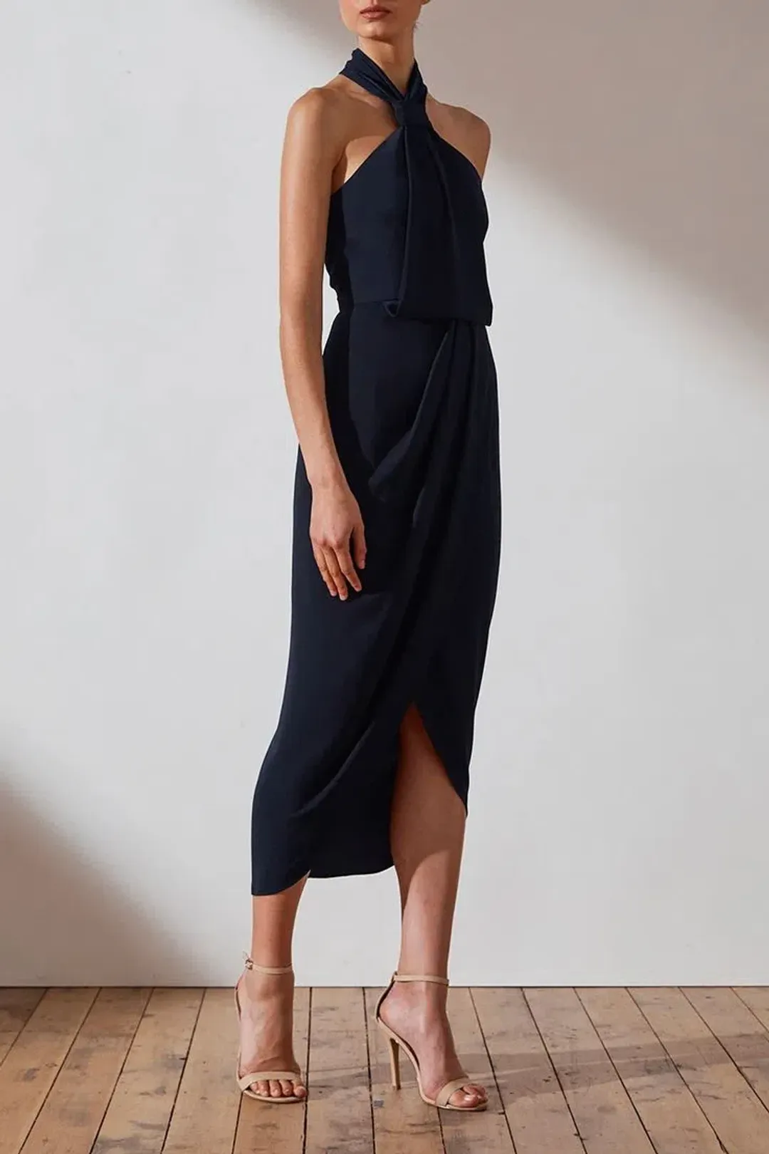 Shona Joy Core Knot Draped Dress Navy Size 10 for rent on The Volte - main image