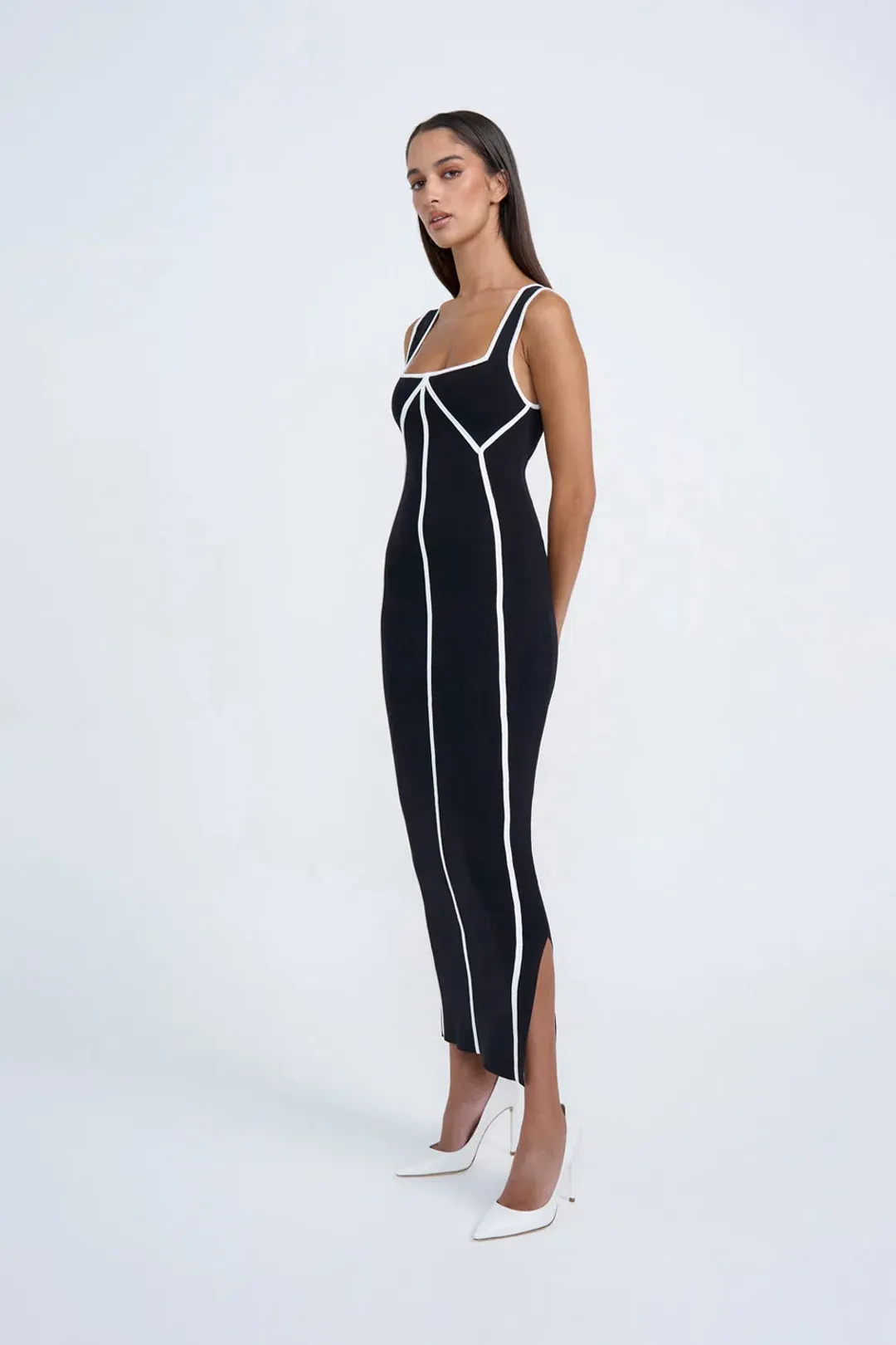 By Johnny Calina Contrast Knit Midi Dress Black Size 12  for rent on The Volte - main image