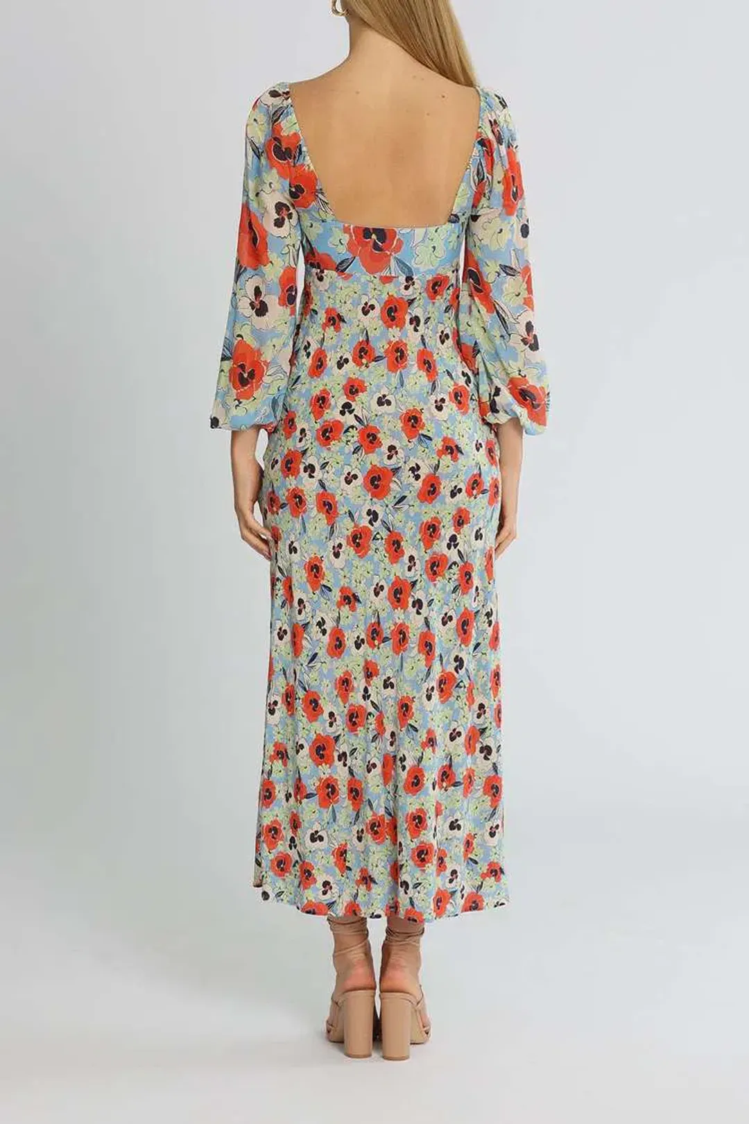 Rixo London Gio Neckline Midi Dress Blue Multi Print Size 14 for rent on The Volte - main image