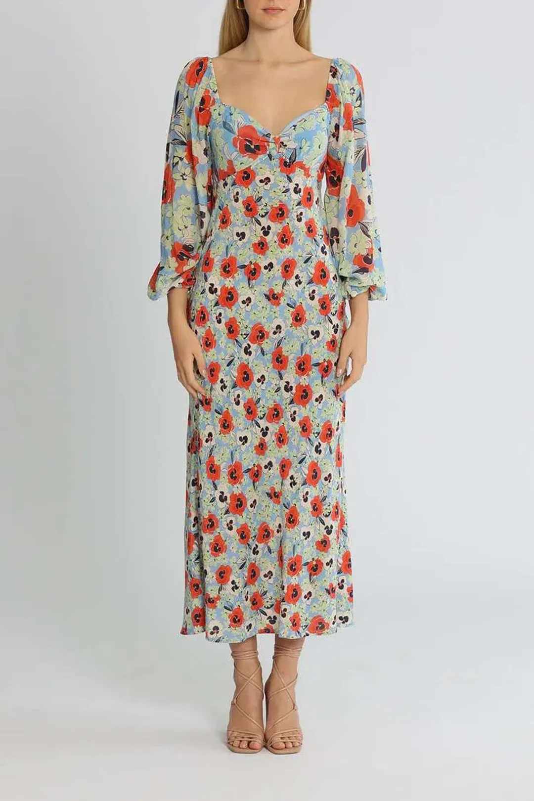 Rixo London Gio Neckline Midi Dress Blue Multi Print Size 14 for rent on The Volte - main image