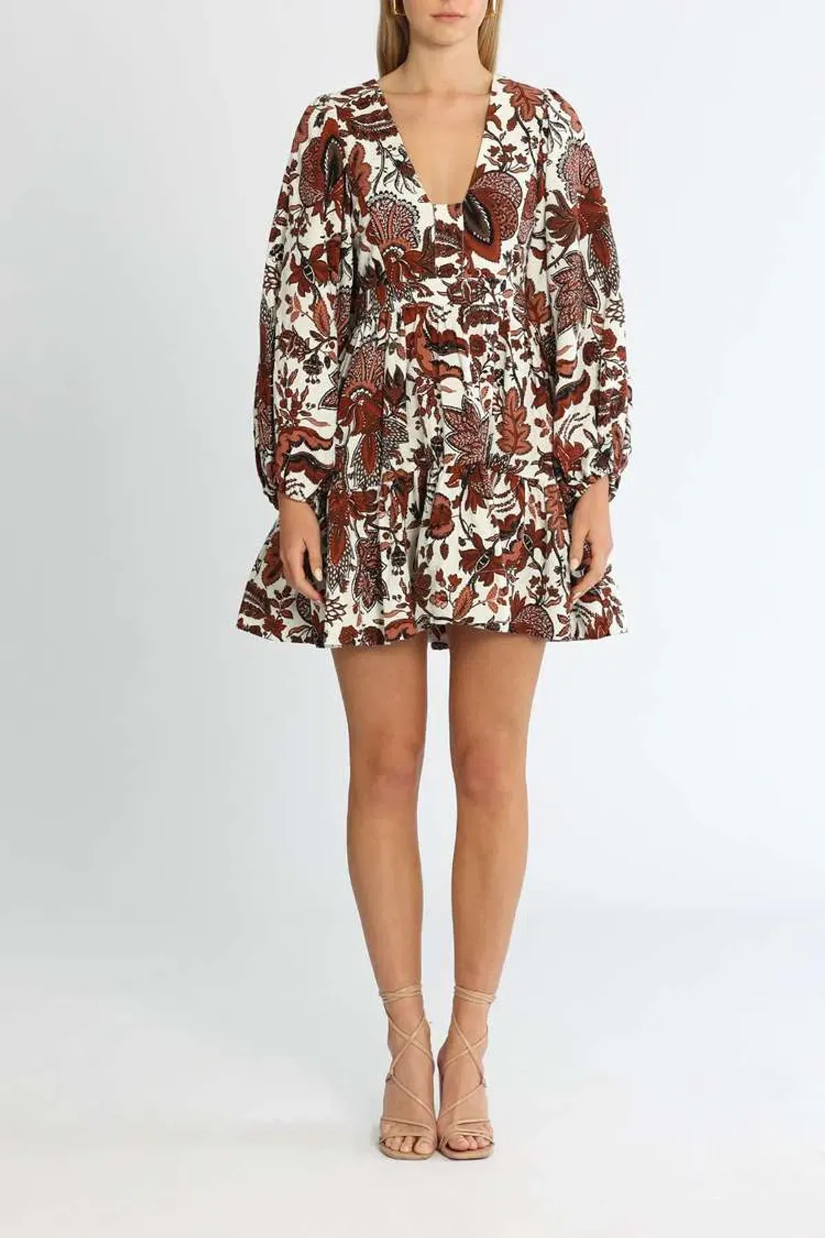 Shona Joy Catalina Plunged Balloon Sleeve Mini Dress Floral Print Size 10 for rent on The Volte - main image