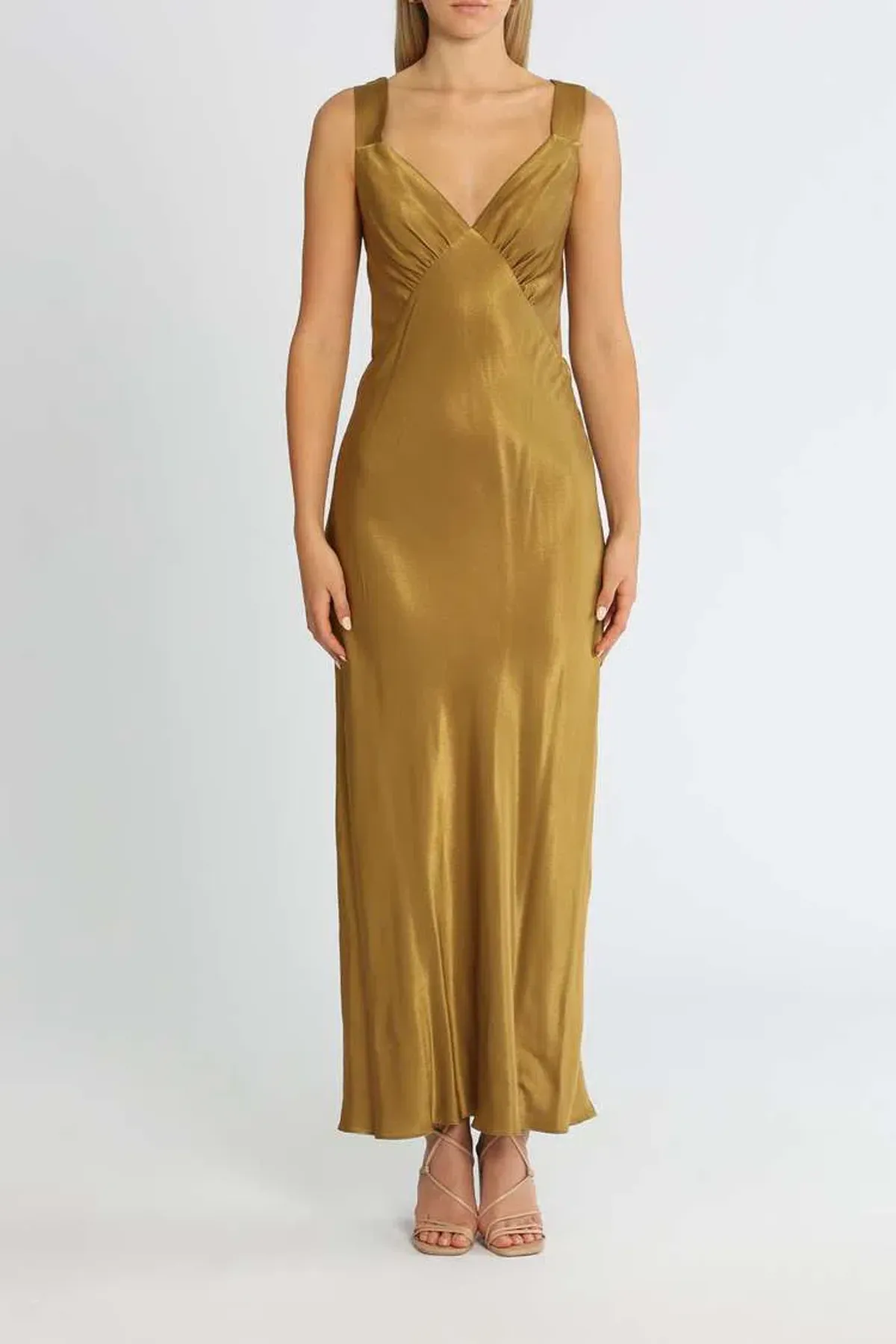 Shona Joy Giorgia Plunged Midi Dress Olive Oil Khaki Size 12 for rent on The Volte - main image