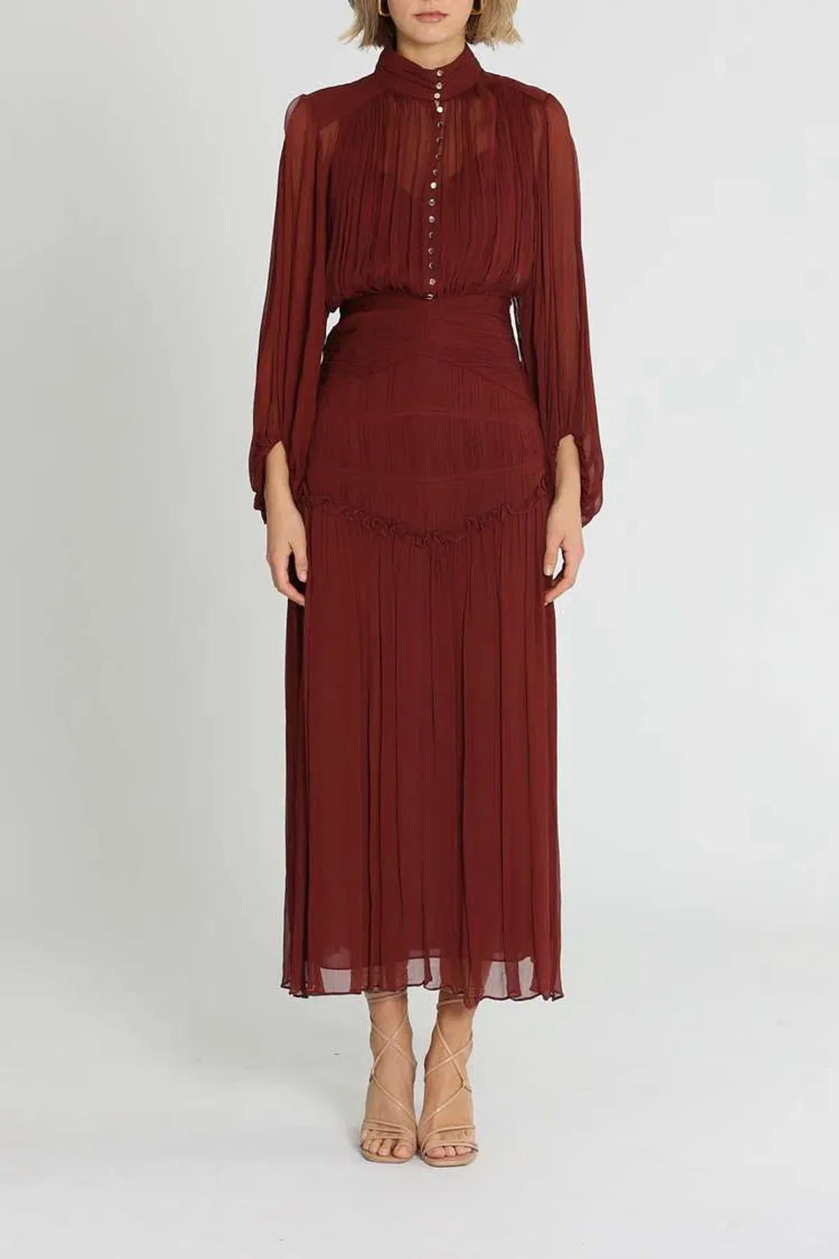 Shona Joy Safira Button Up Ruched Midi Dress Sangria Burgundy Size 6 for rent on The Volte - main image