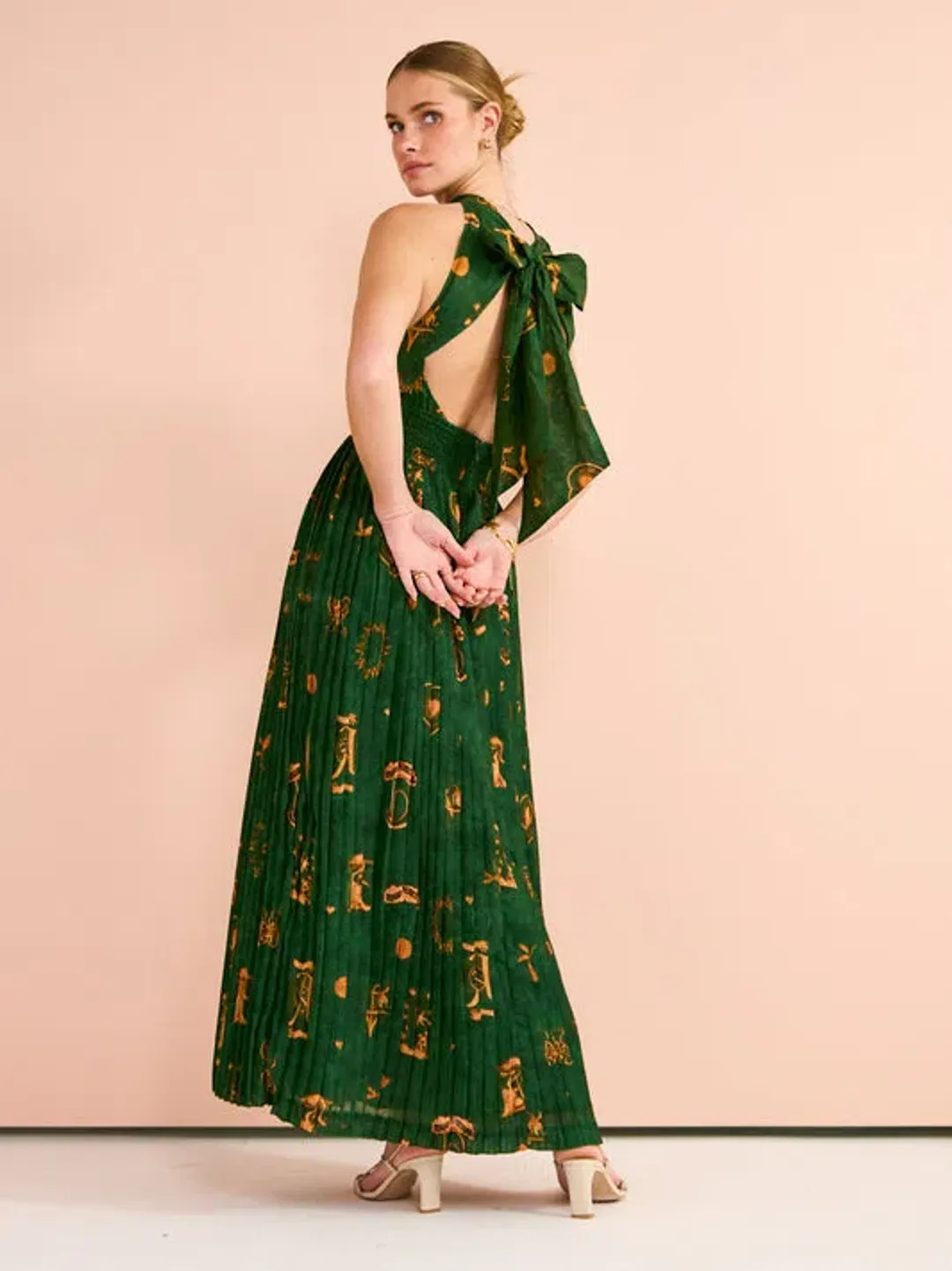 Kate Ford Manisa Pleated Gown In Green Print Size 12 for rent on The Volte - main image