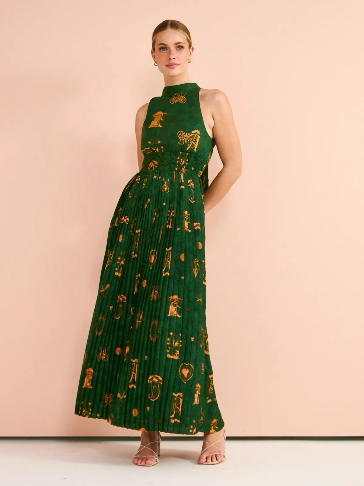 Kate Ford Manisa Pleated Gown In Green Print Size 12 for rent on The Volte - main image