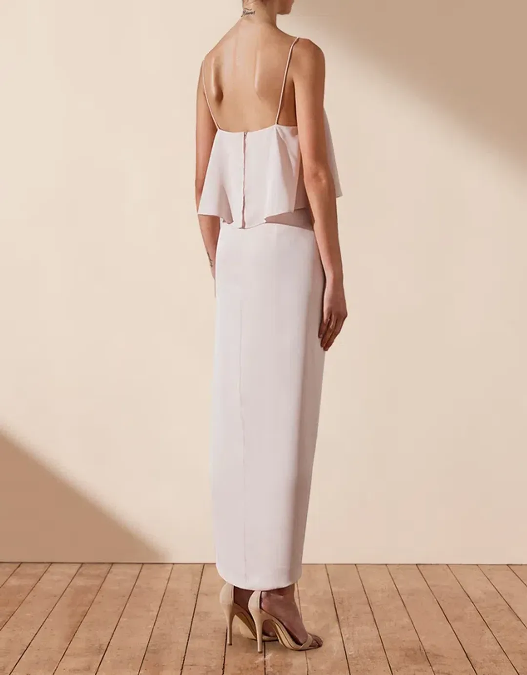 Shona Joy Luxe Draped Cocktail Frill Dress Porcelain Size 16 for rent on The Volte - main image