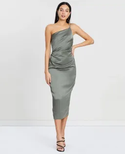 Bec & Bridge Mila Asymmetric Midi Dress Khaki Size 6 for rent on The Volte - image 1