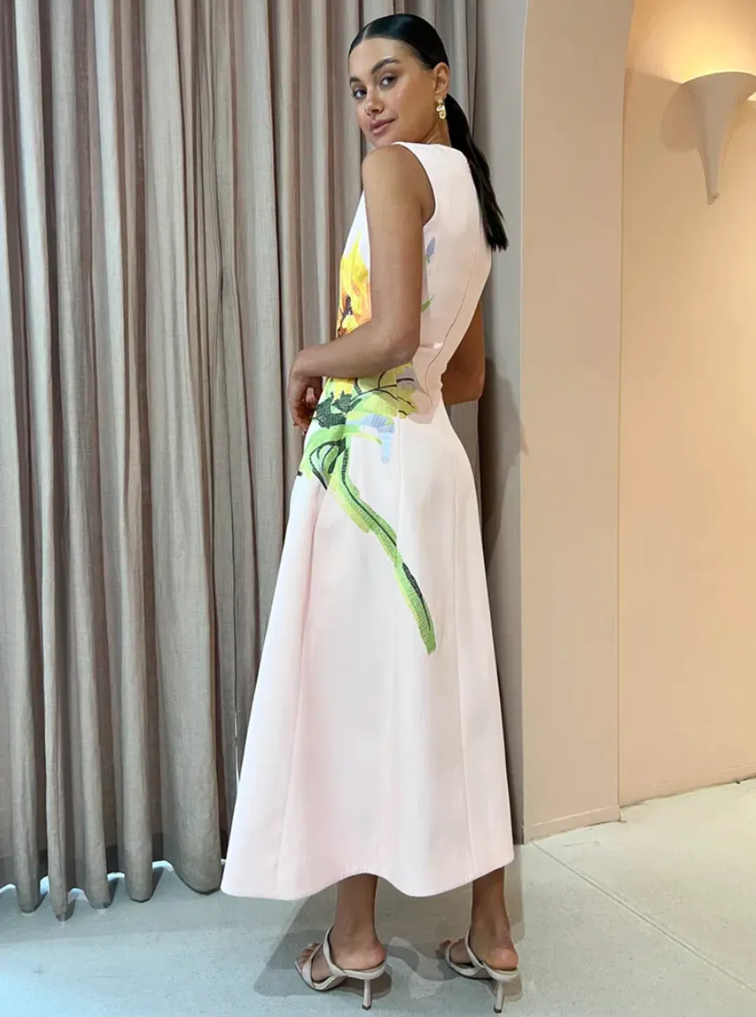 Leo Lin Cleo Sleeveless Midi Dress Sunflower Print in Pink Size 14 for rent on The Volte - main image