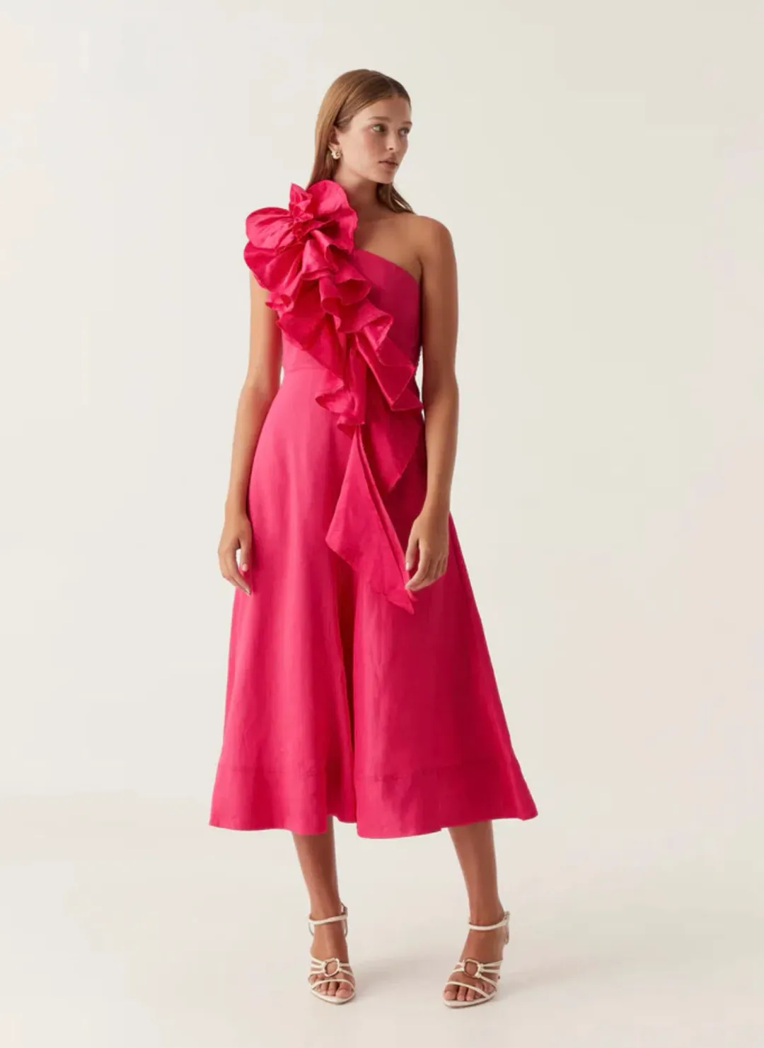 Aje Adelia Ruffle Midi Dress Bougainvillea Red Size 10 for rent on The Volte - main image