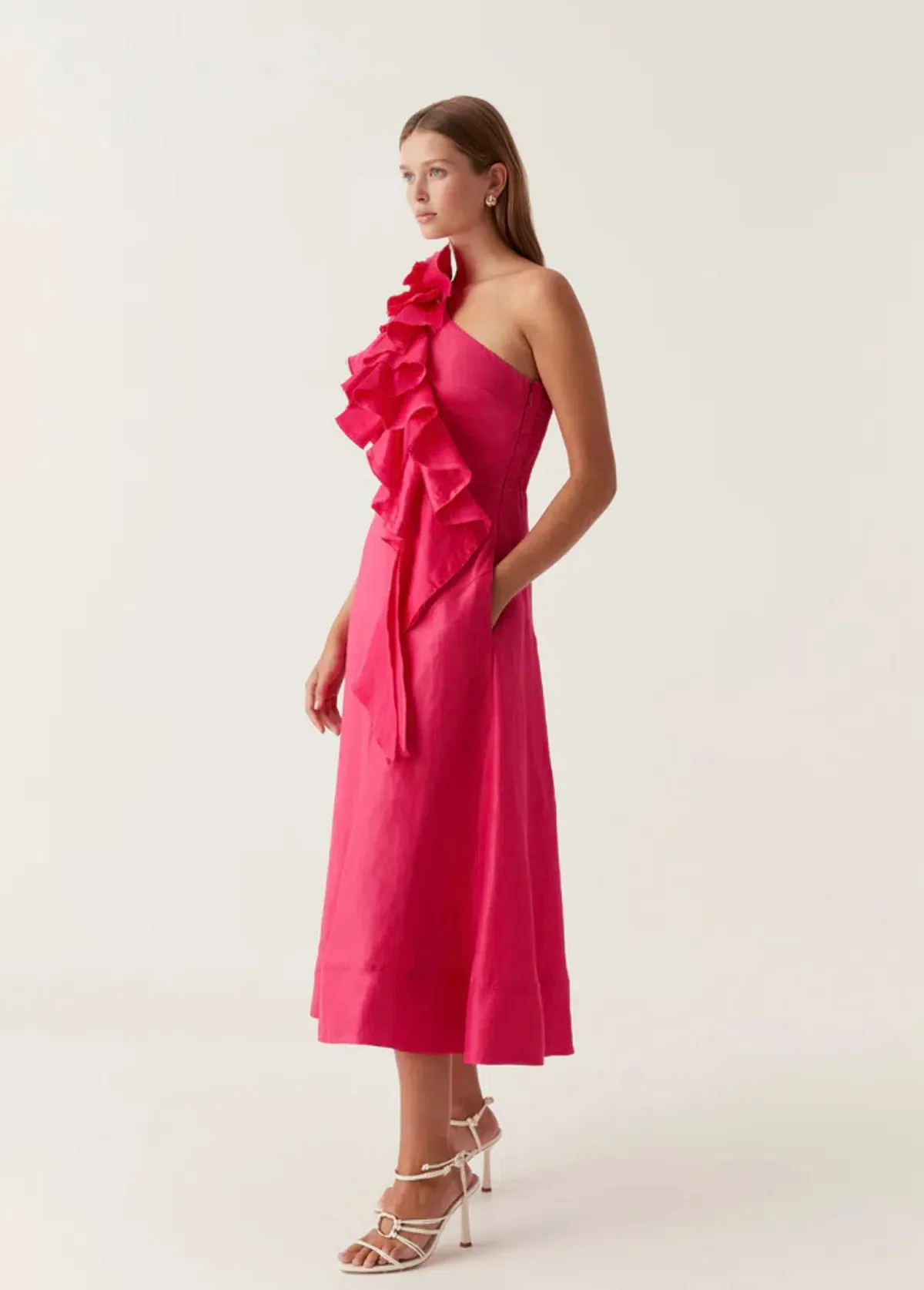 Aje Adelia Ruffle Midi Dress Bougainvillea Red Size 10 for rent on The Volte - main image