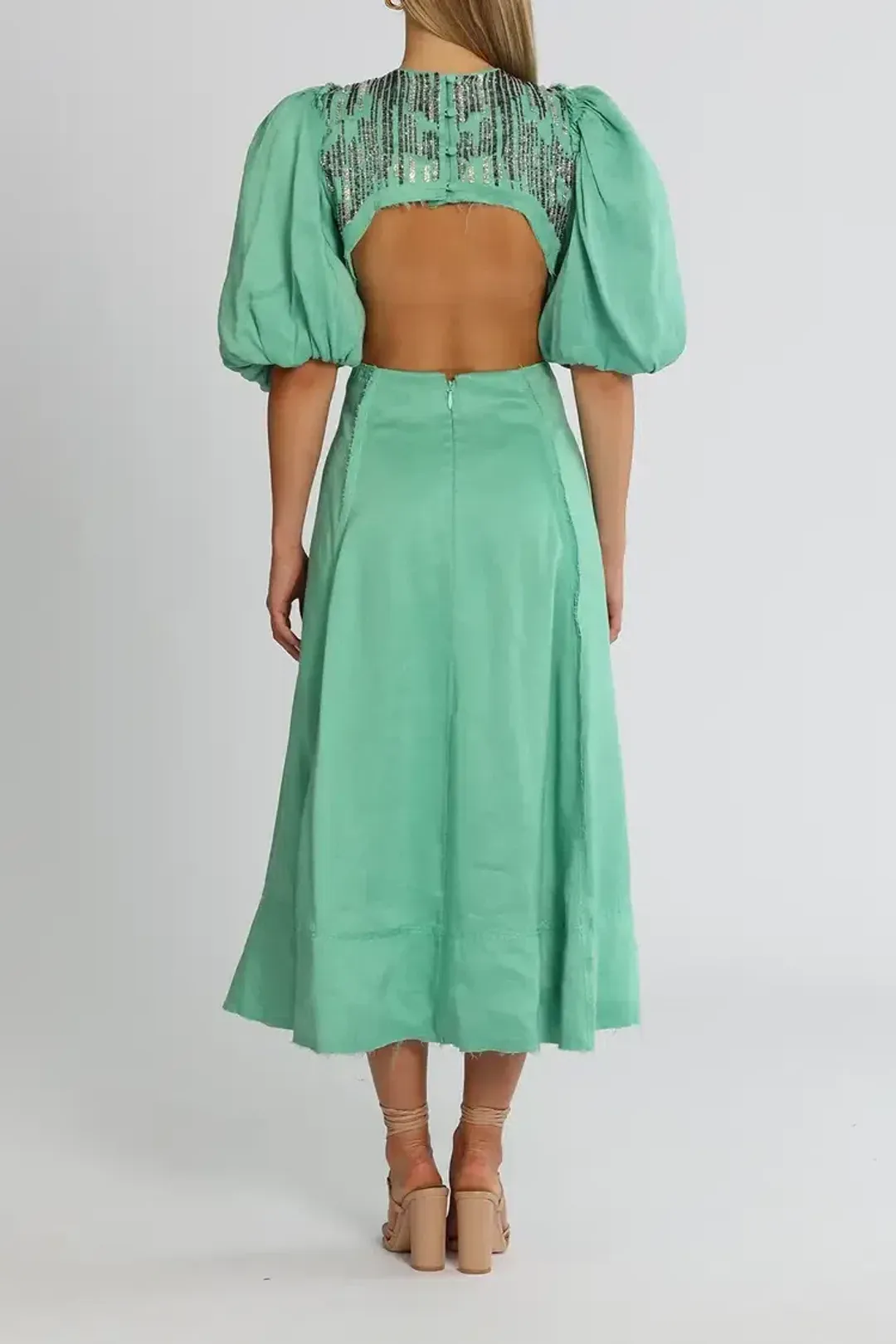 Aje Relic Beaded Midi Dress in Neptune Green Size 14 for rent on The Volte - main image