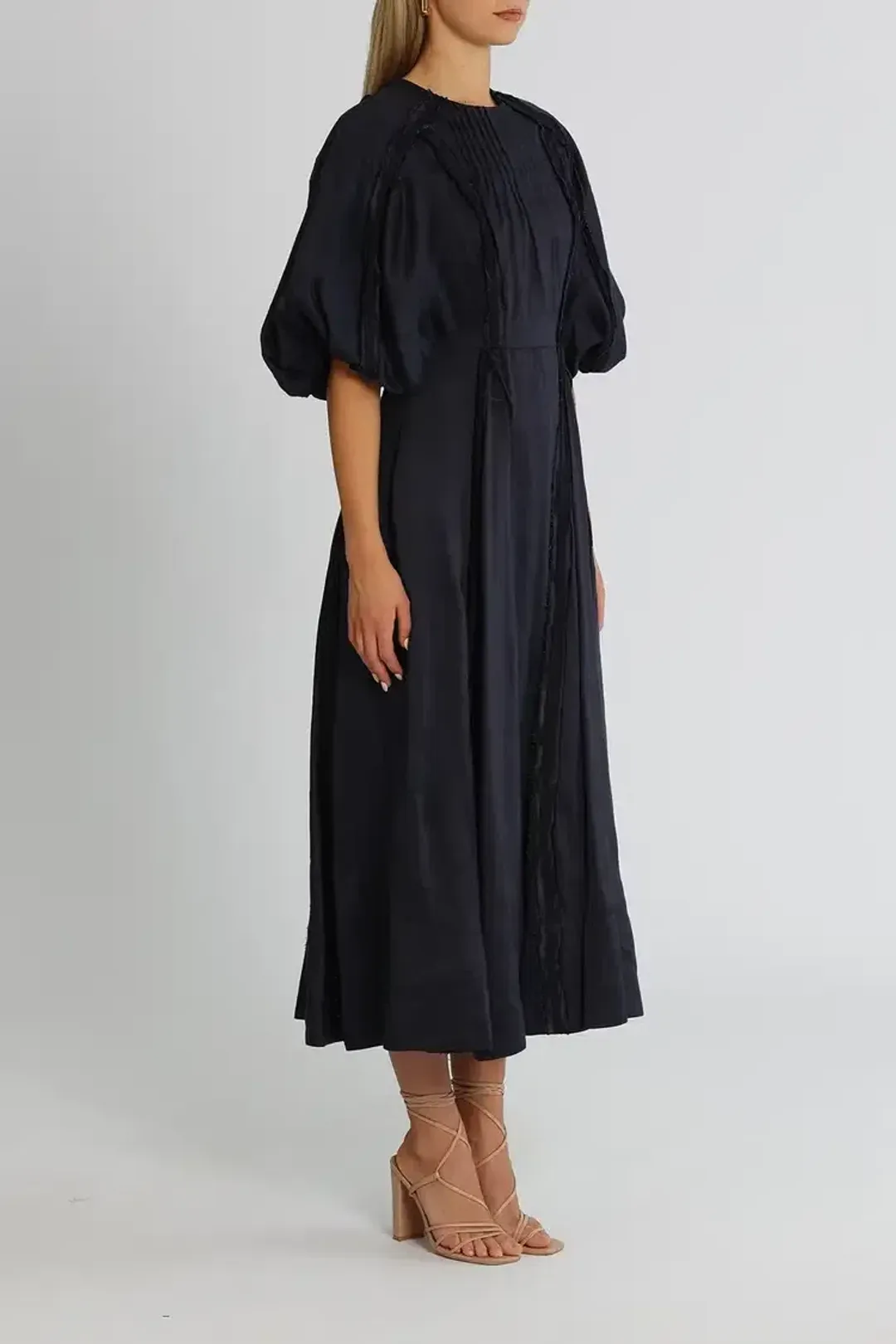 Aje Revitalise Puff Sleeve Midi Dress in Ink Size 6 for rent on The Volte - main image