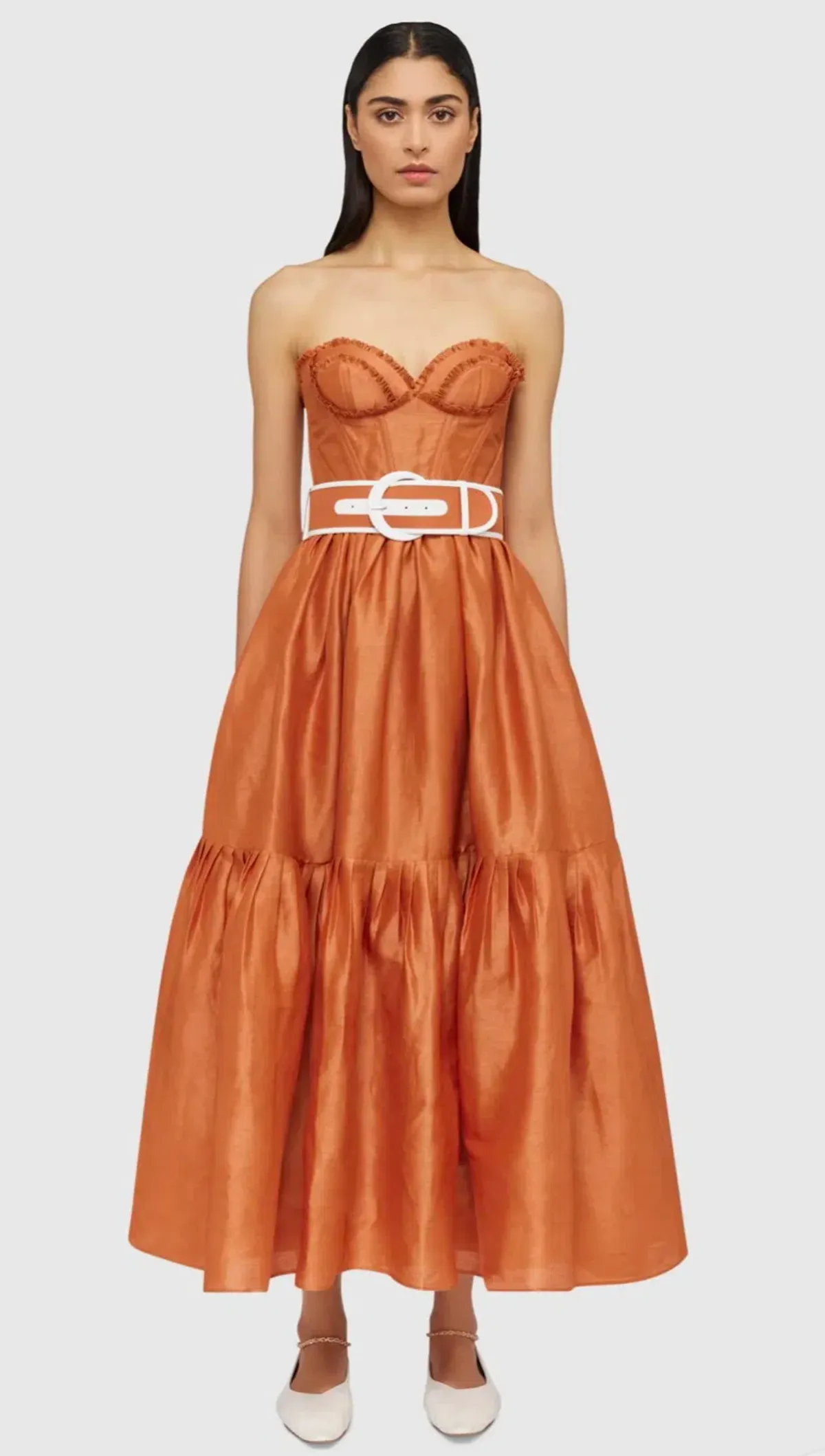 Leo Lin Suffolk Bustier in Cinnamon Orange in Size 10 for rent on The Volte - main image