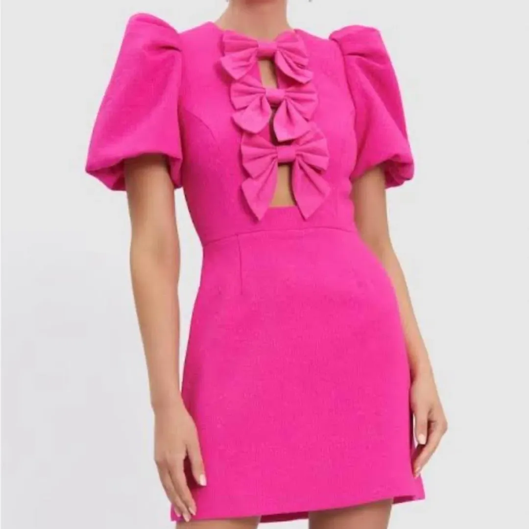 Rebecca Vallance Cecily Bow Trimmed Mini Dress Pink Size 12 for rent on The Volte - main image