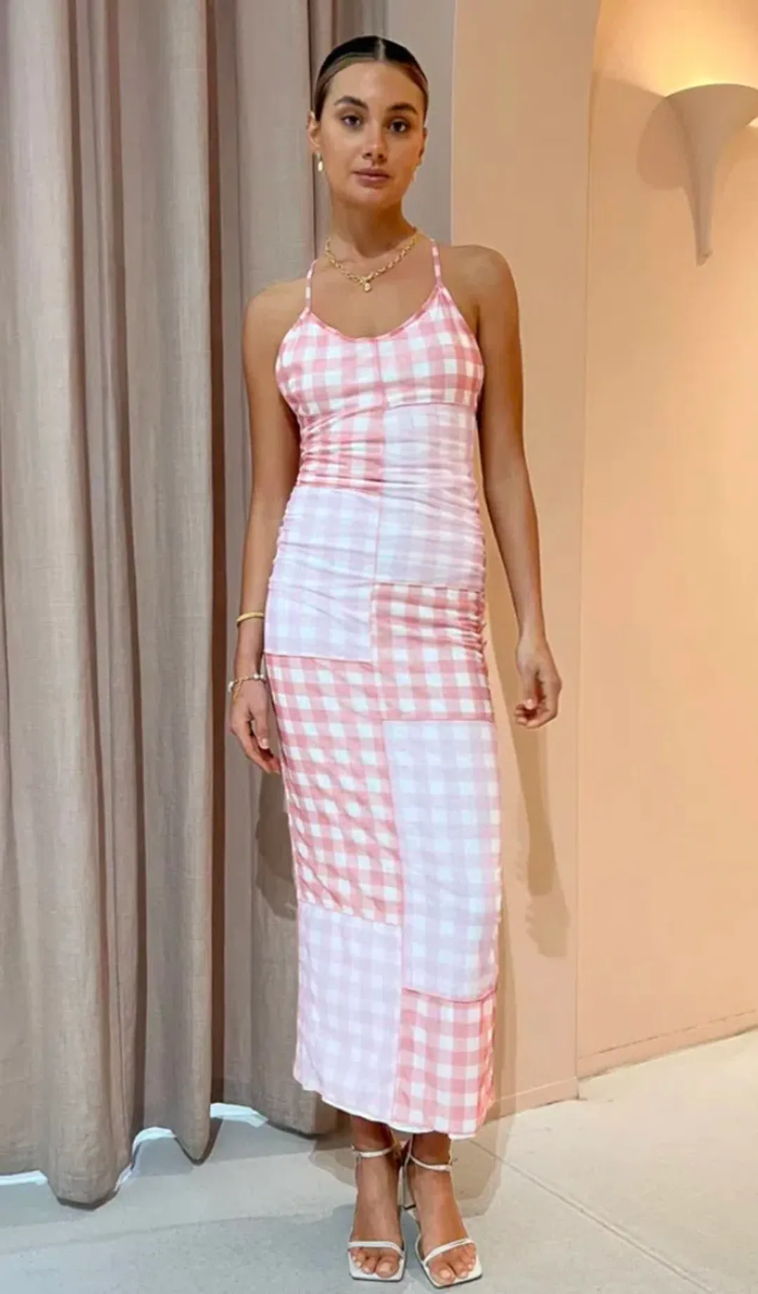Ambra Maddalena Ella Cross Back Maxi Dress In Checkered Patchwork Size 8 for rent on The Volte - main image