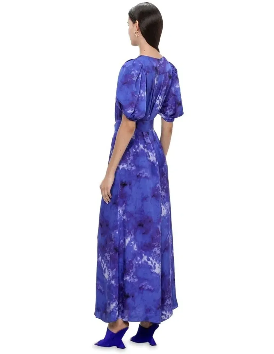 Veronika Maine Clouded Satin Midi Dress Blue Jewel Size 8 for rent on The Volte - main image
