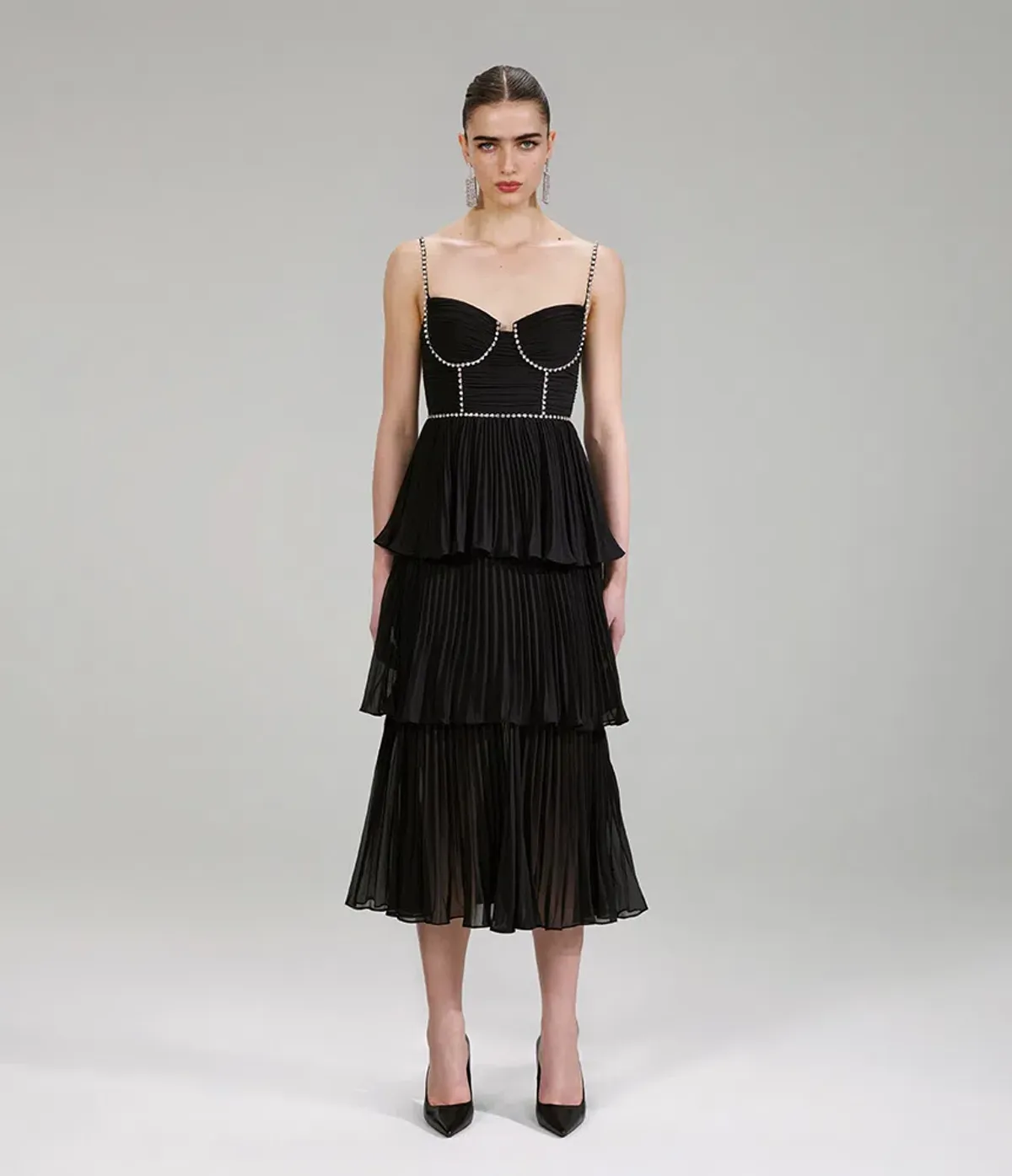 Self Portrait Embellished Pleated Midi Dress Black Size 8 for rent on The Volte - main image