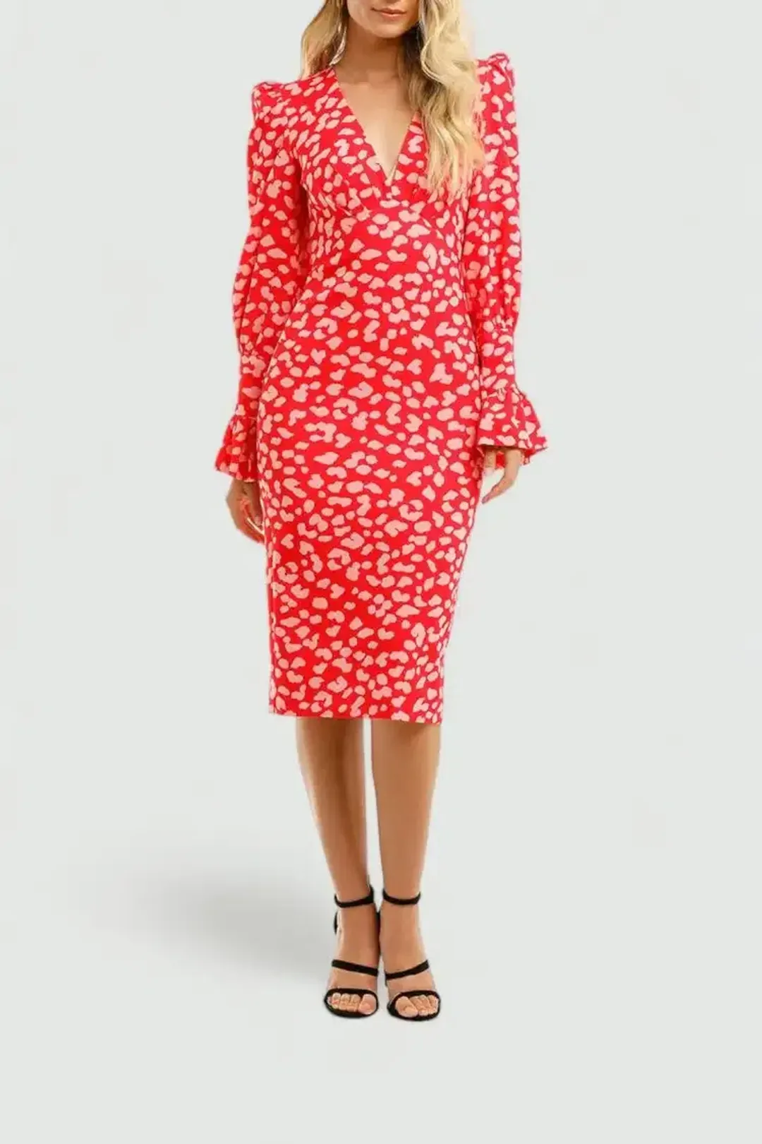 By Johnny Strawberry Leopard Tulip Midi Dress Print Size 6 for rent on The Volte - main image