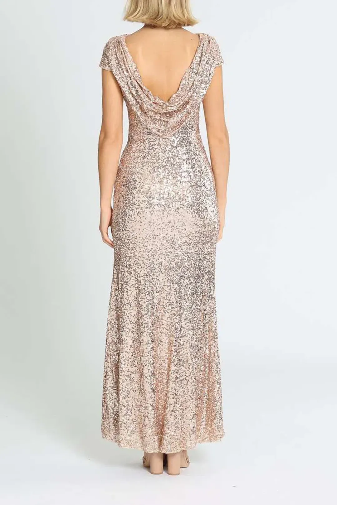 Badgley Mischka Sequin Cowl Back Gown Blush Size 6 for rent on The Volte - main image
