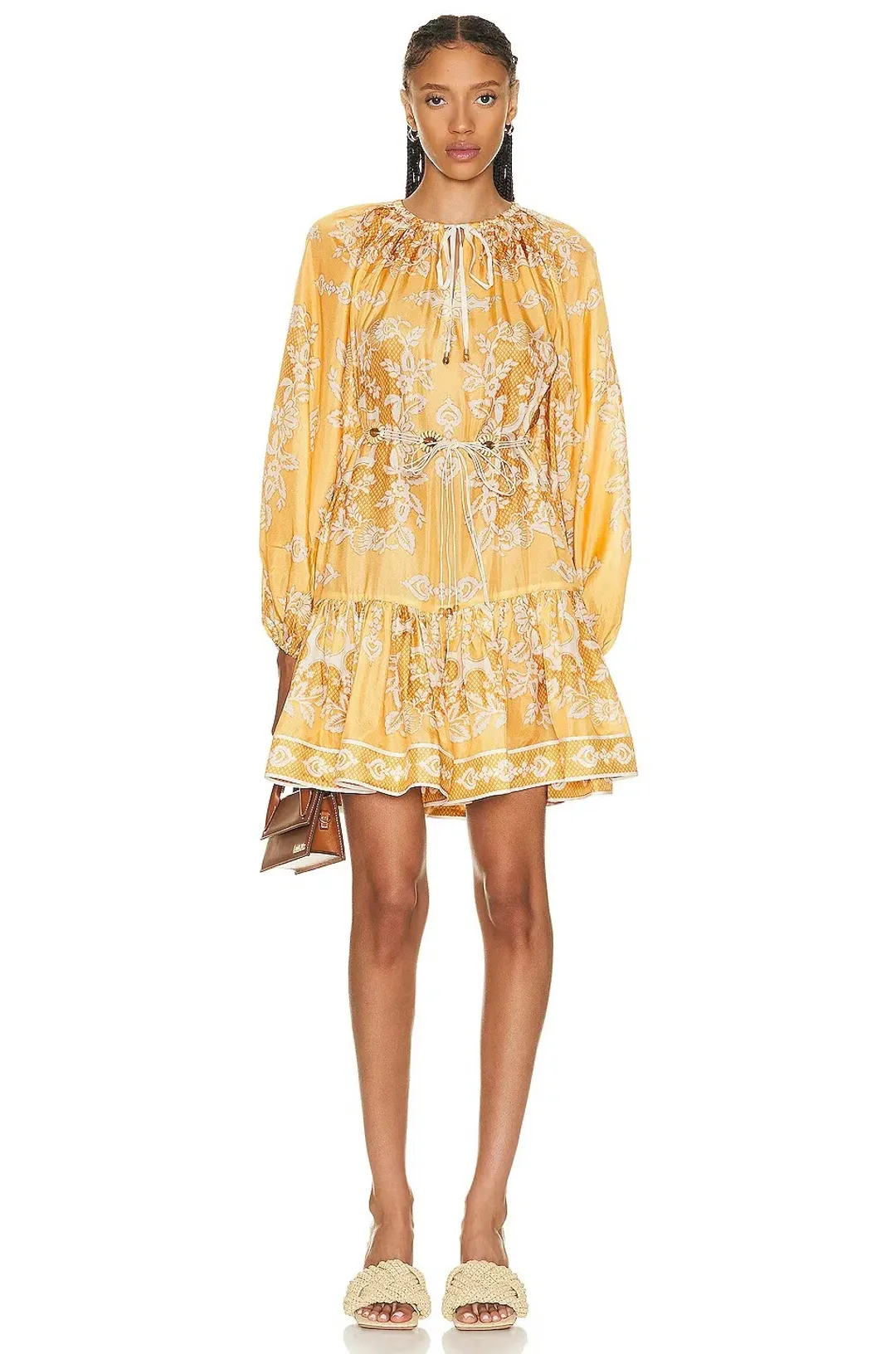 Zimmermann Raie Tiered Billow Mini Dress Gold Damask Size 0/Au 8 for rent on The Volte - main image