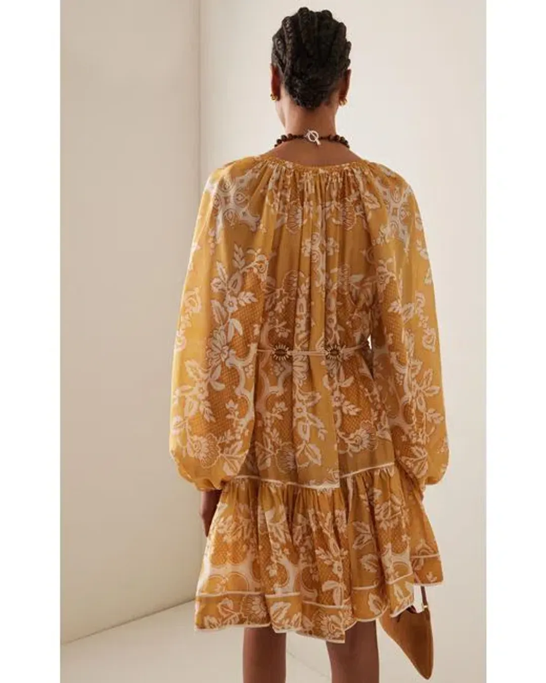 Zimmermann Raie Tiered Billow Mini Dress Gold Damask Size 0/Au 8 for rent on The Volte - main image