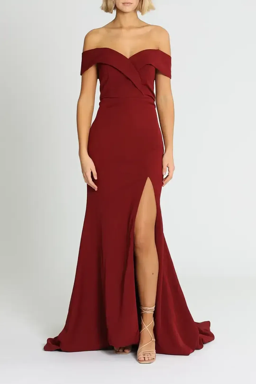 Samantha Rose Gia Off Shoulder Gown in Wine Size 10 for rent on The Volte - main image