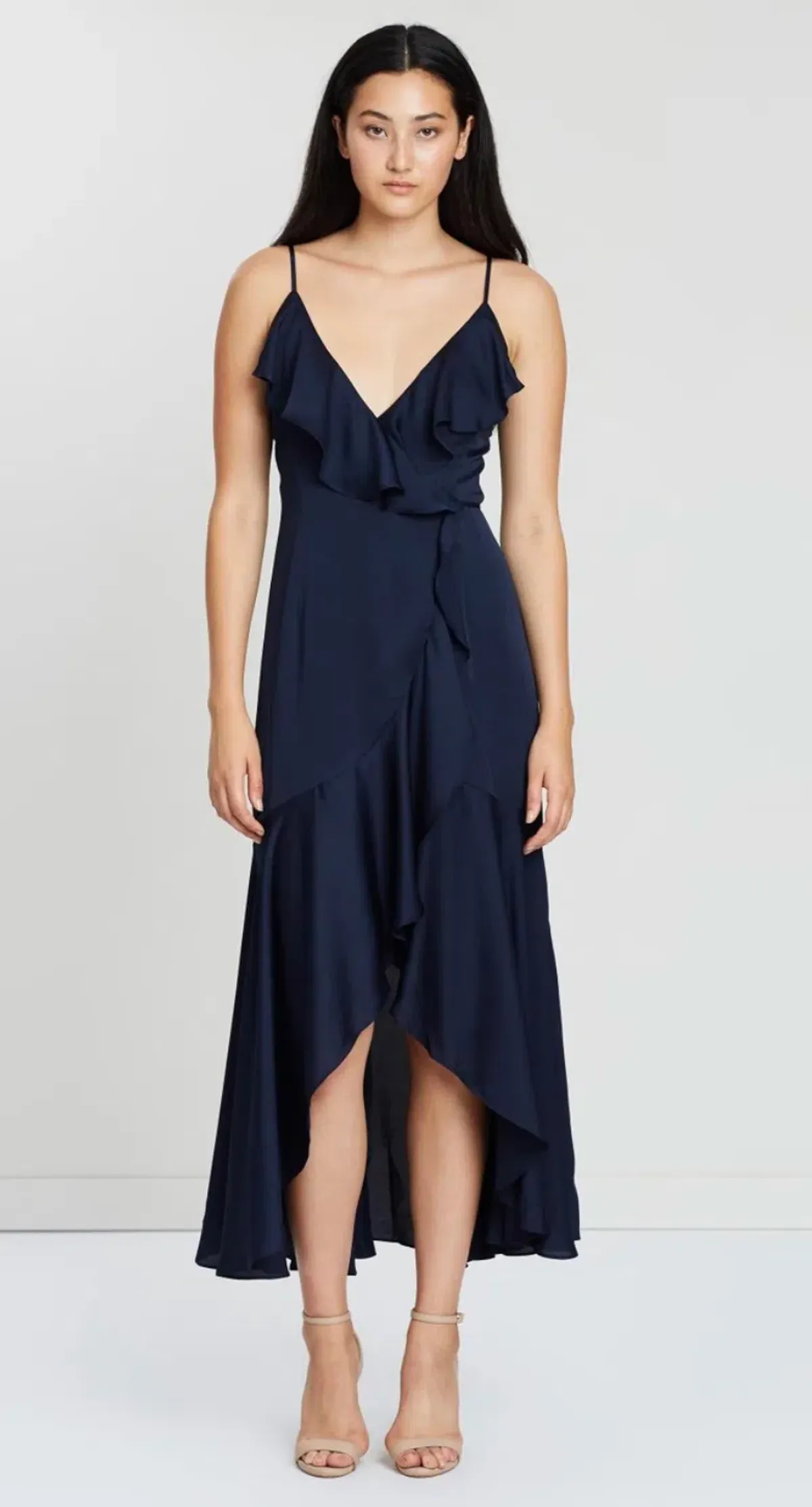 Shona Joy Luxe Bias Frill Wrap Dress Maxi Navy Size 10 for rent on The Volte - main image