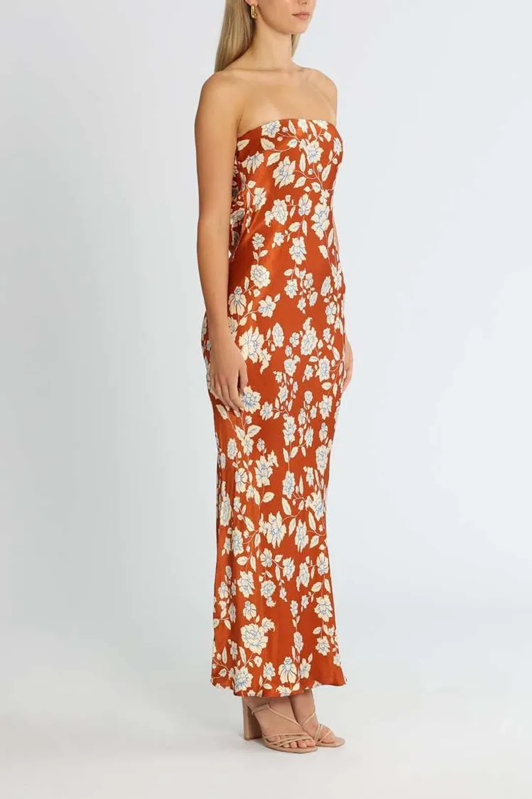 Bec & Bridge Blossom Strapless Maxi Dress Rust/Floral Print Size 8 for rent on The Volte - main image
