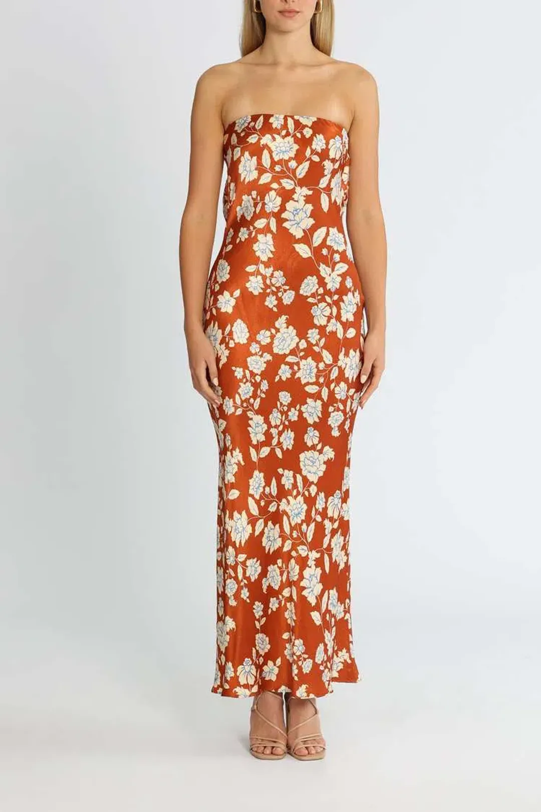 Bec & Bridge Blossom Strapless Maxi Dress Rust/Floral Print Size 8 for rent on The Volte - main image