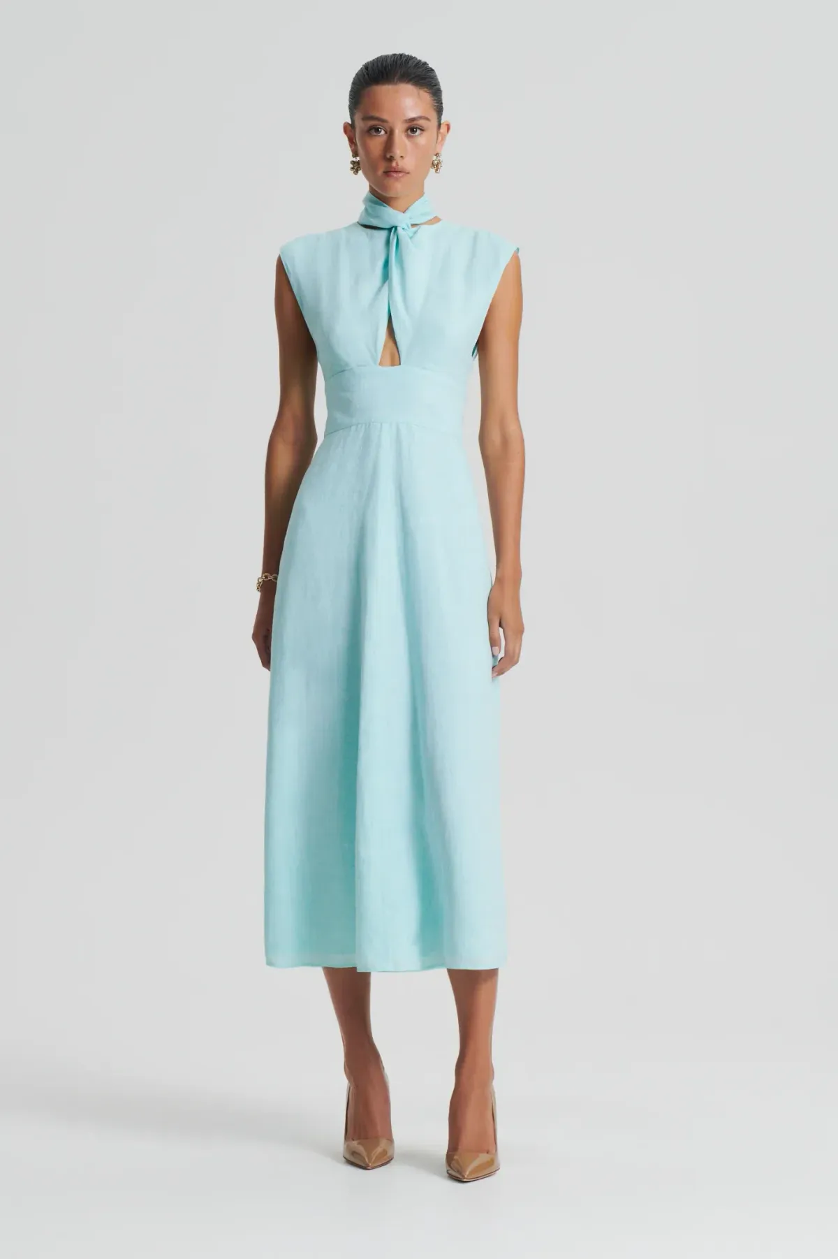Scanlan Theodore Italian Linen Turban Twist Dress Midi Turquoise Size 10 for rent on The Volte - main image