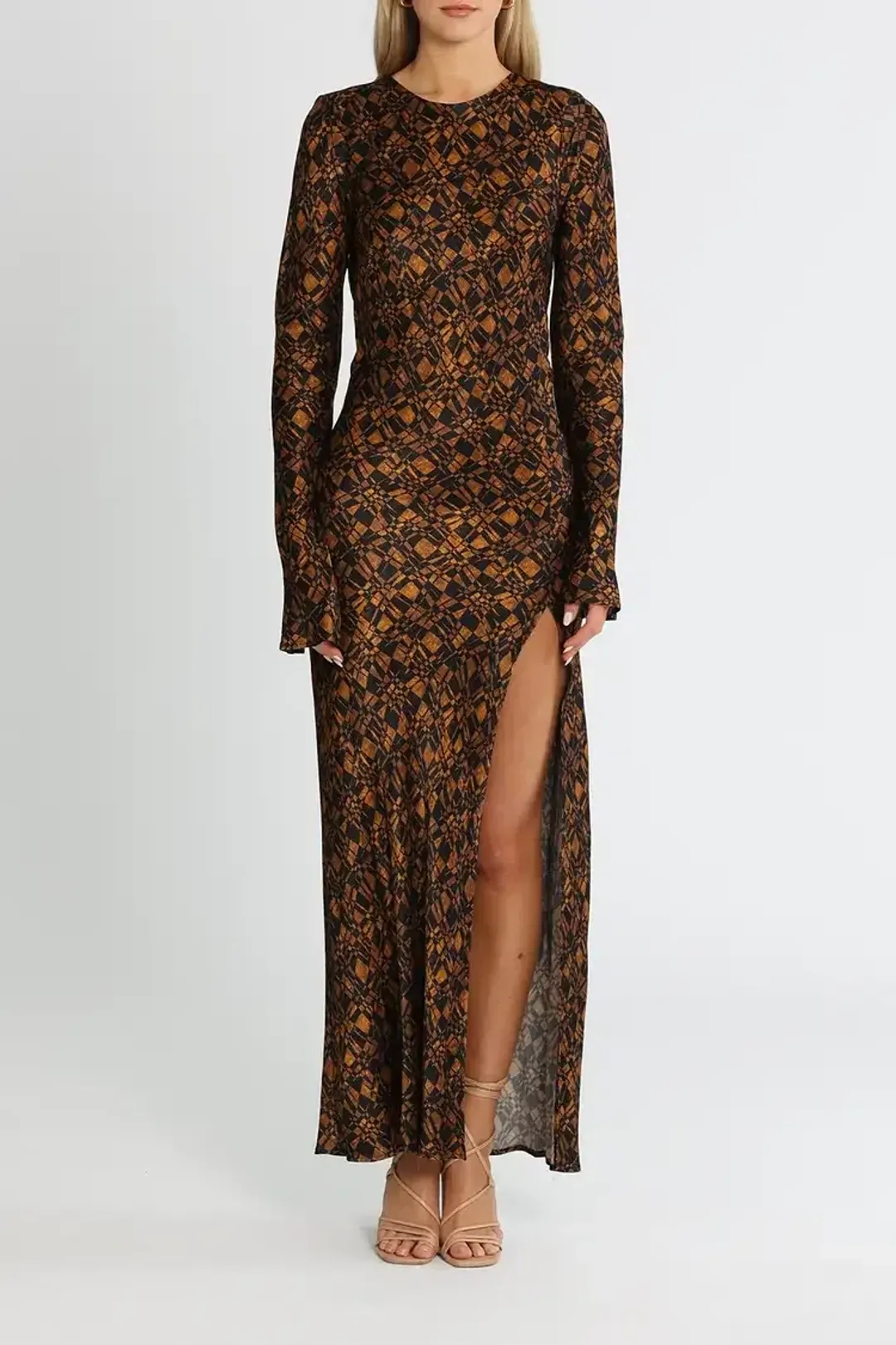 Bec and Bridge Checkmate Long Sleeve Maxi Dress in Brown Print Size 8 for rent on The Volte - main image